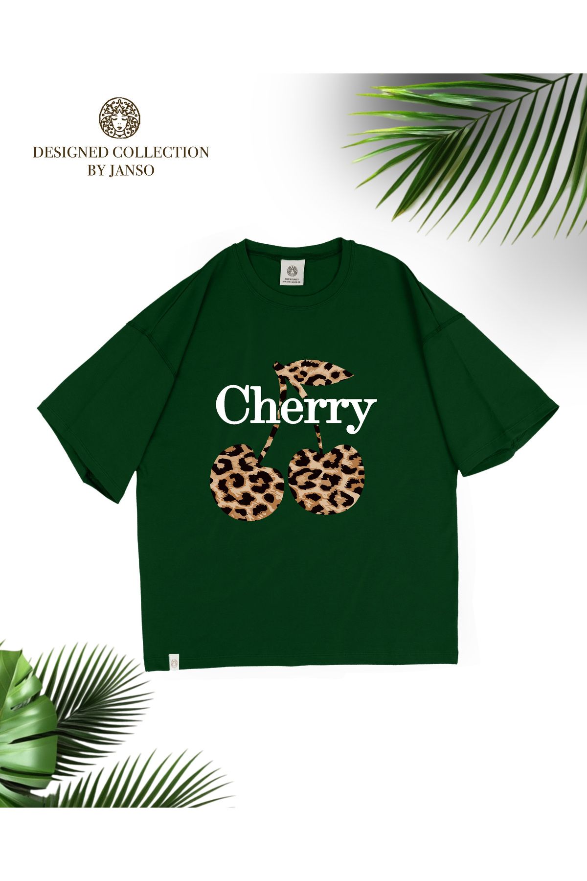 LOU MODA Kadin Pamuklu Baskili Cherry Tiger Kisa Kollu Tshirt Oversi̇ze Büyük Beden