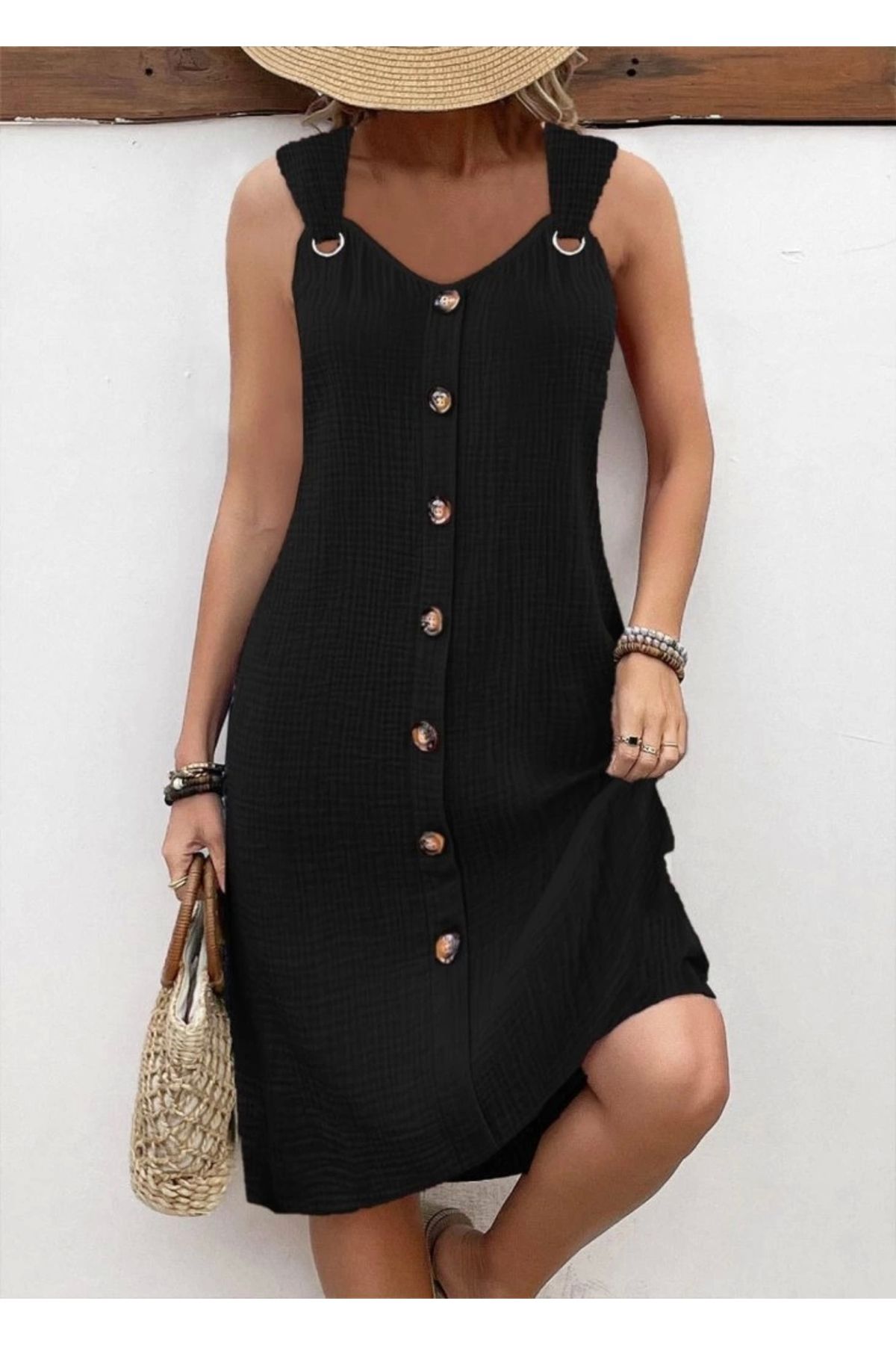 Butik Kadın Askılı V Yakalı önden Düğmeli Narin Elbise