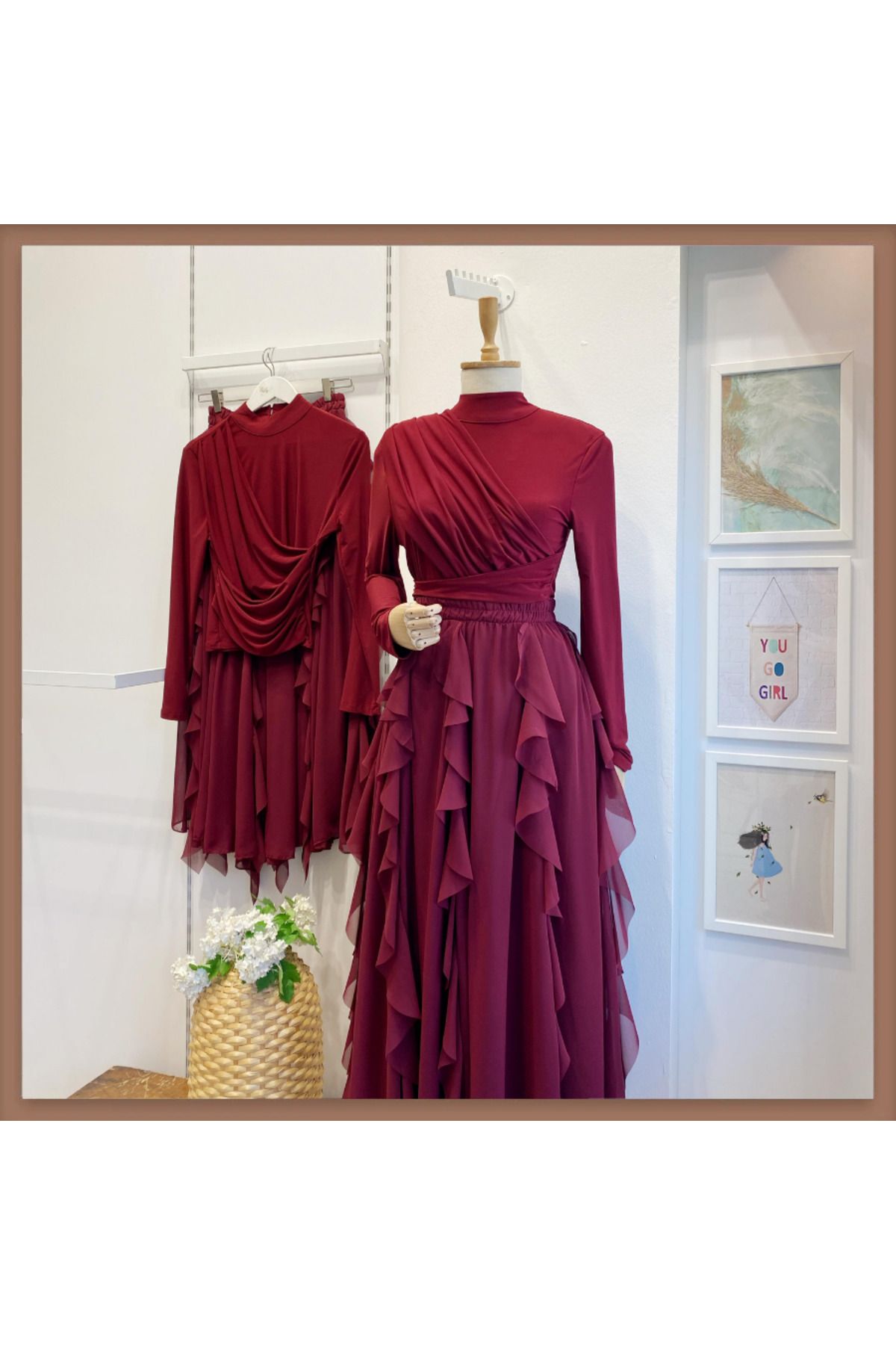 Faya Boutique Bordo Haryen Şifon Etekli Takım