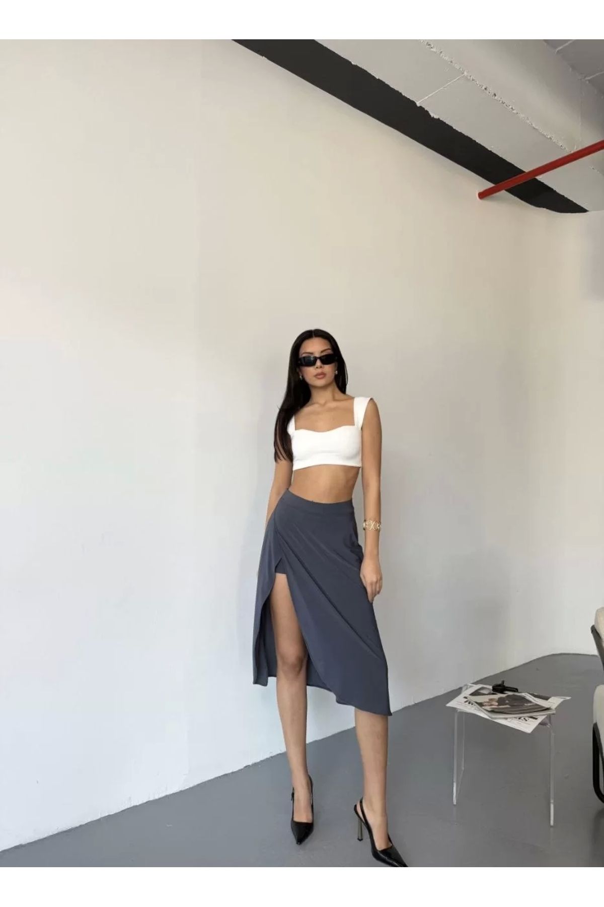 MODA CS Çepli Şortlu Yırtmaçlı Etek - Gri