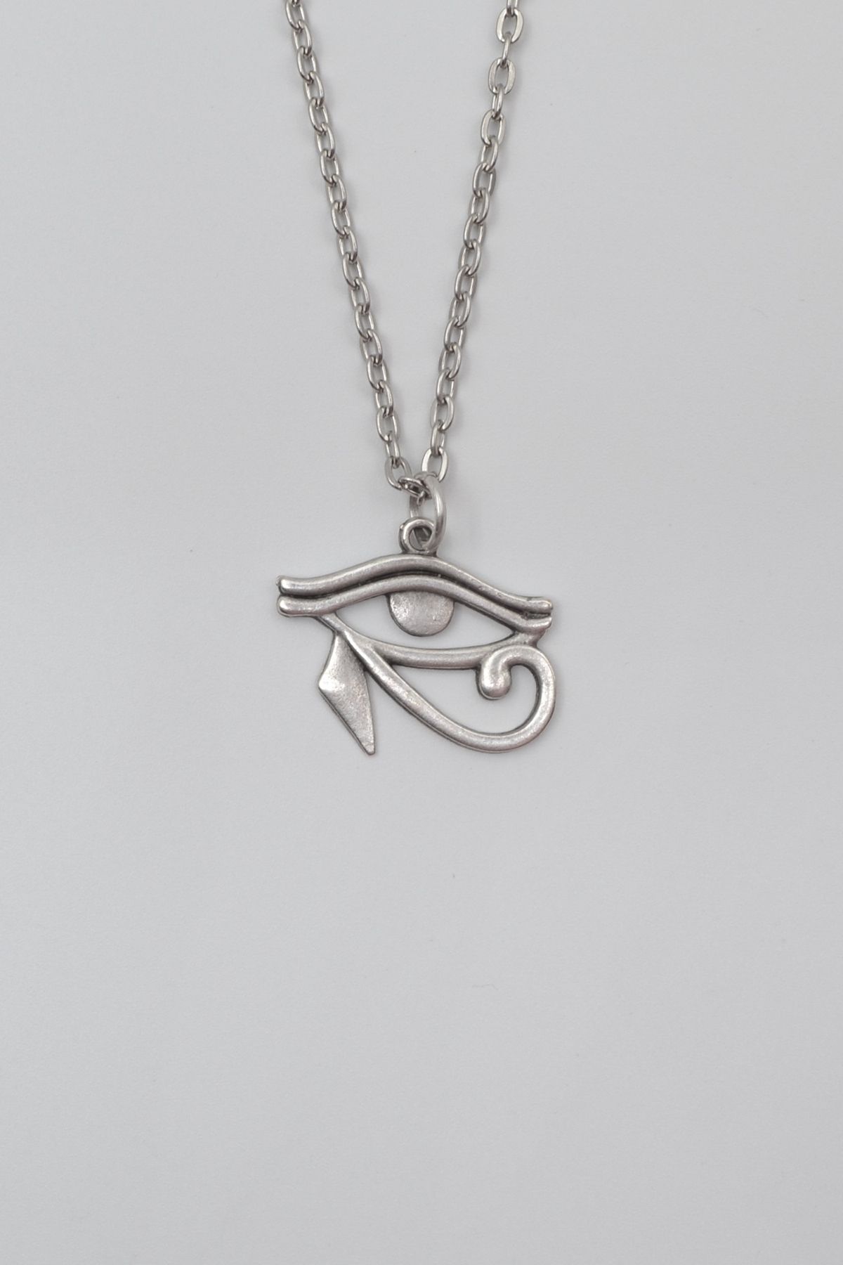 Bu Farklı Ra'nın Gözü - Horus'un Gözü Düz Ezme Zincir Kolye - Antik Gümüş Kaplama - Kadın Erkek - 60 cm