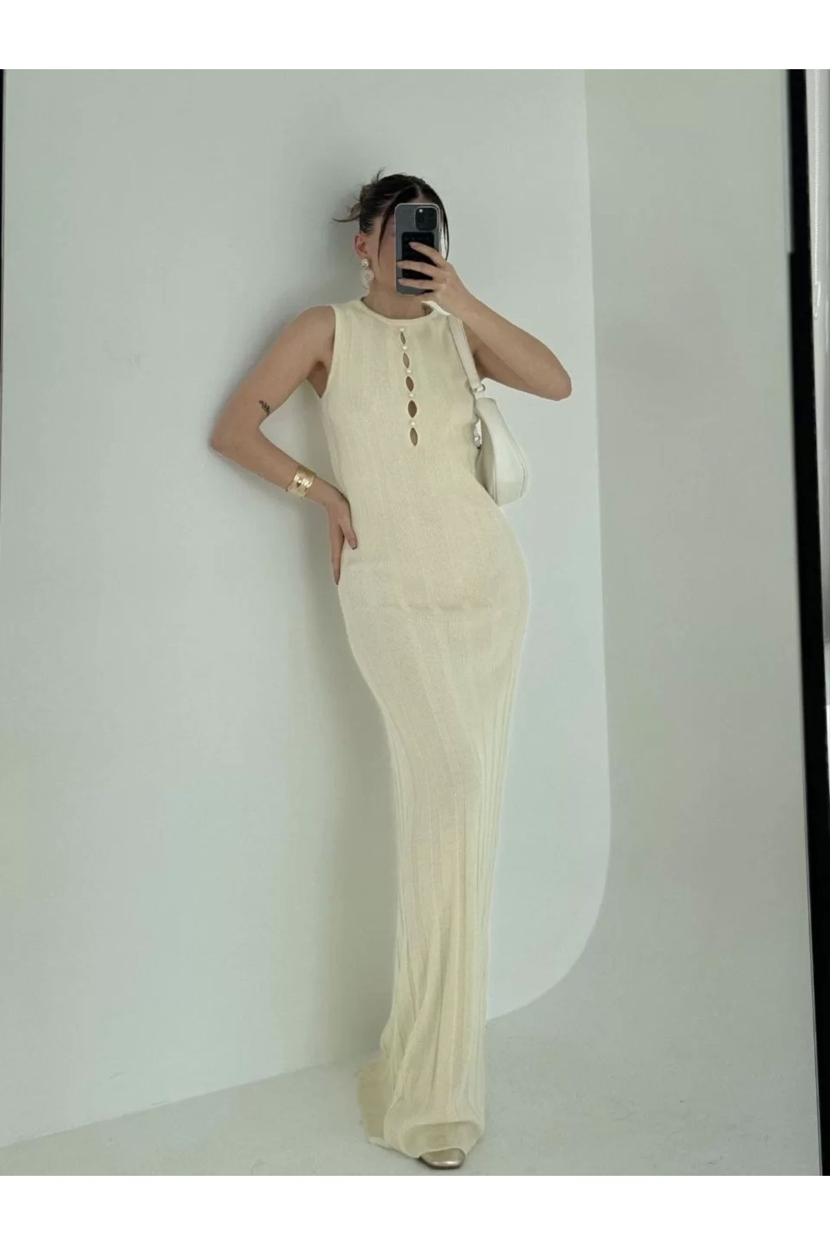 MODA CS Kalın Fitilli Uzun Triko Elbise - Kırık Beyaz