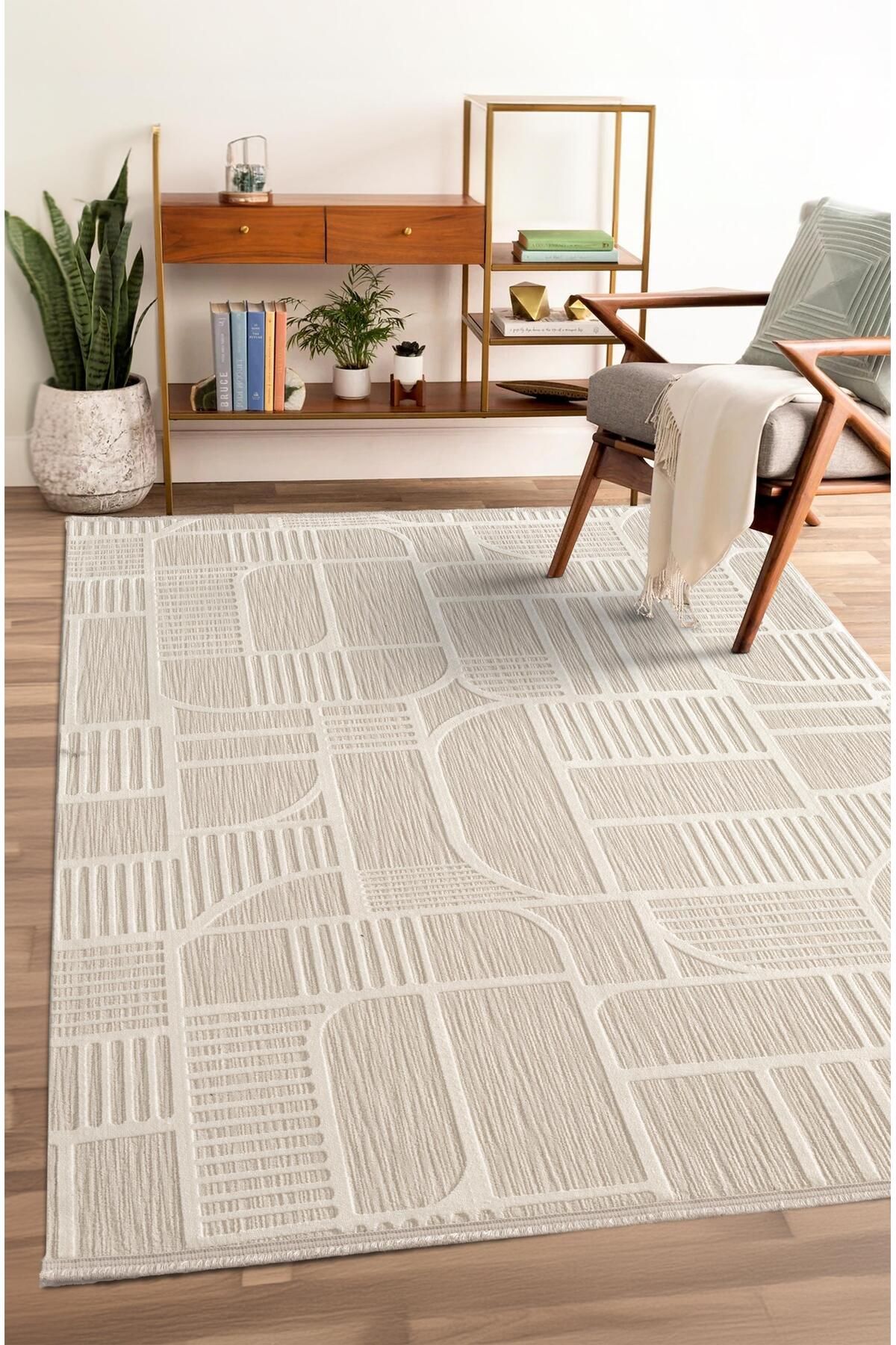 Cotto Home Tablo TL008A Beyaz Halı Geometrik Desen Antialerjik Pamuk Taban Yıkanabilir Salon Halısı Yatak Odası