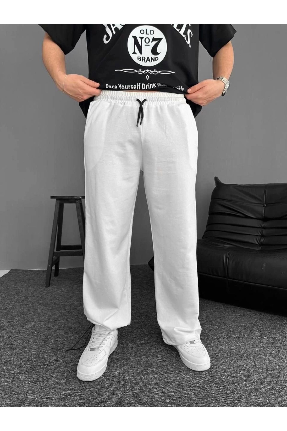 MODA CS İki İplik Kumaş Beli Lastikli Yan Flota Cepli Baggy Alt Esofman - Beyaz