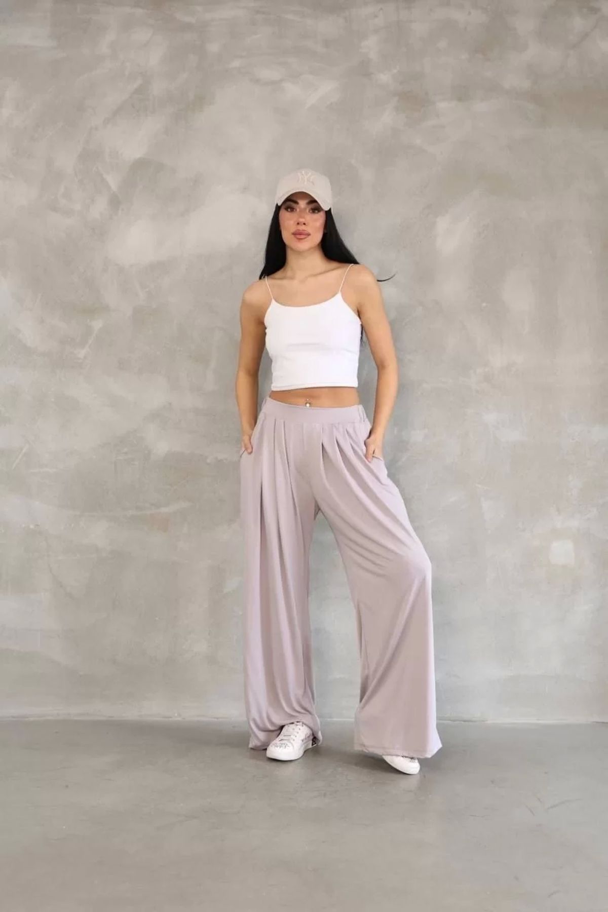 MODA CS Osy Modal Yumuşak Dokulu Kadın Kumaş Boru Paça Salaş Eşofman - Bej