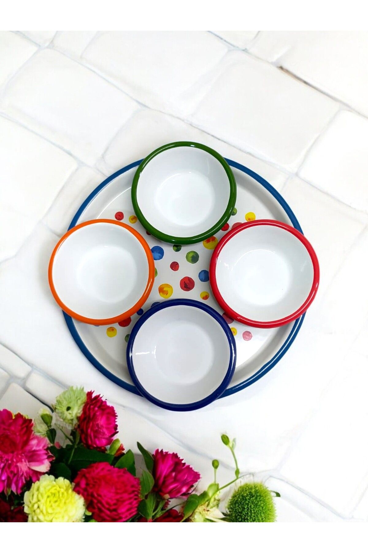 EMAYE TEZGAHI Emaye Mini Kahvaltı Seti, 5 Parça Kahvaltı Seti, Lüks Kahvaltı Seti , 4 Reçellik 1 Servis Tabağı