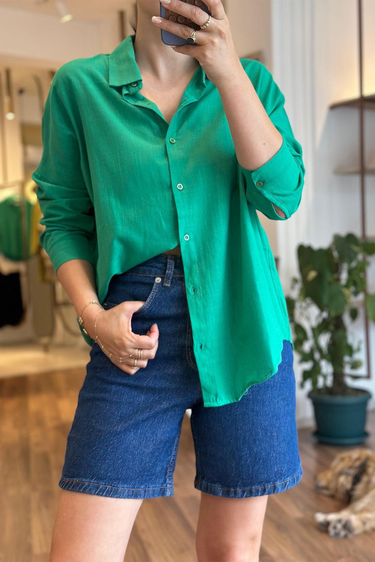 Unique Boutique Yeşil Standart Beden Keten Gömlek