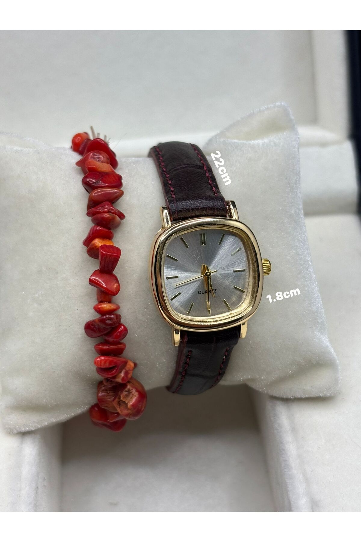 Brality Vintage Stil Kadın Kol Saati & Kırmızı Doğal Taş Bileklik -bordo Hakiki Deri – 0021