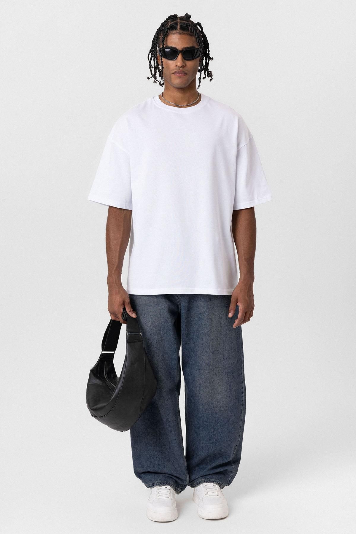 VAMOSCLO Basic Oversize Bisiklet Yaka Tişört Beyaz
