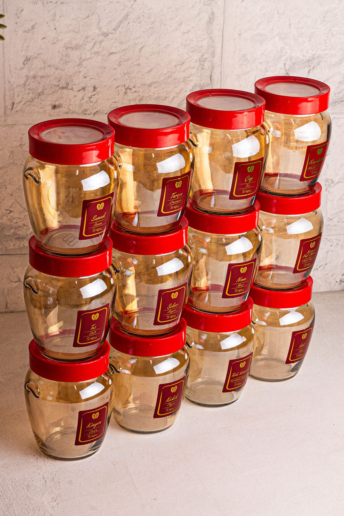 Snippy-Ruby Gold- Set of 12 Vacuumed Red Plastic Lids and Labeled Glass Spice Jar Storage Containers 580ml 4