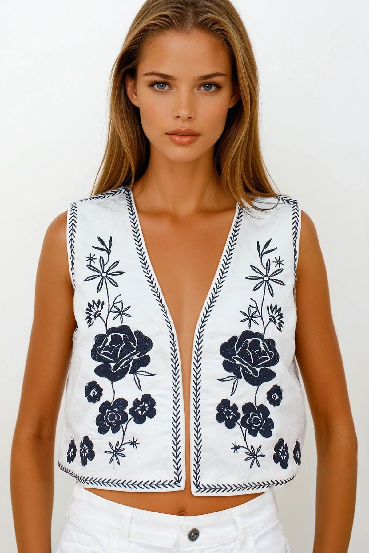 VAGGON Nakış Detaylı Astarlı Dokulu Crop Yelek