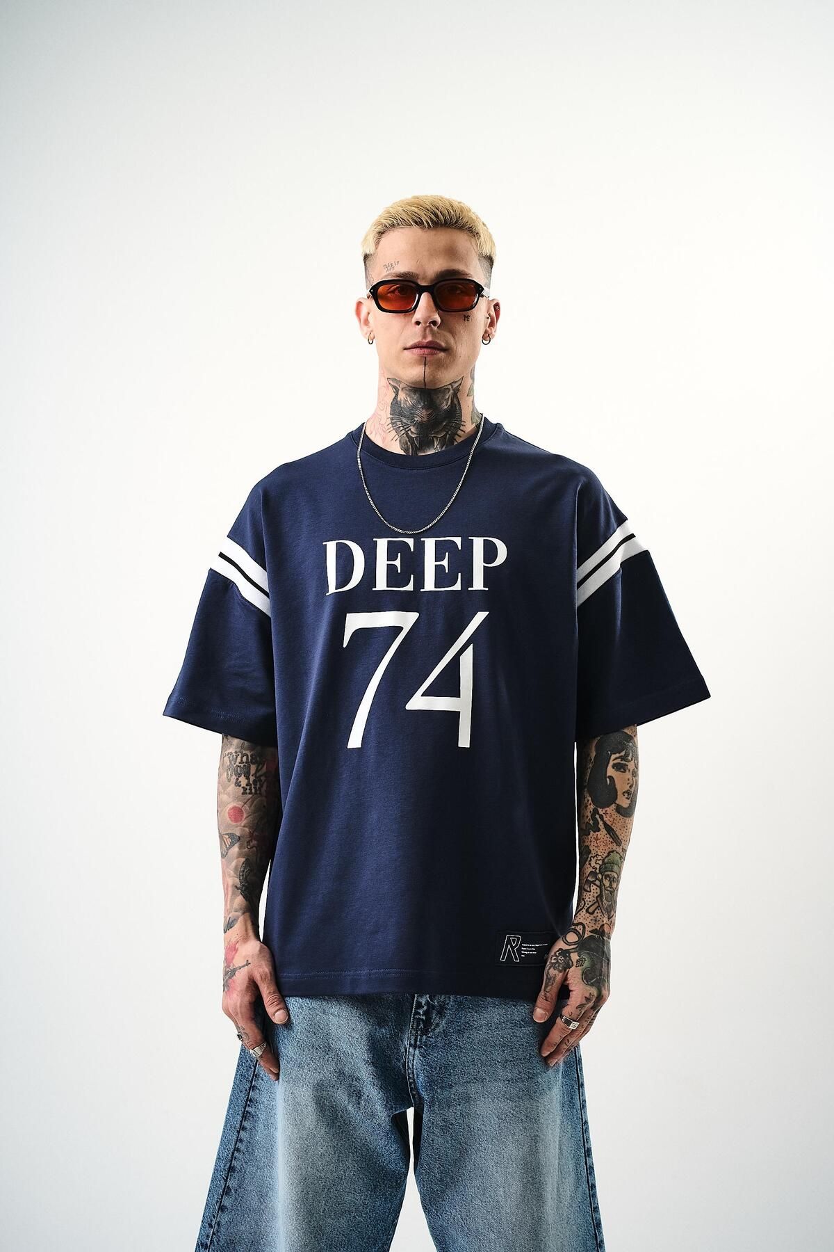 Respire Erkek Deep 74 Baskılı Oversize T-Shirt İndigo