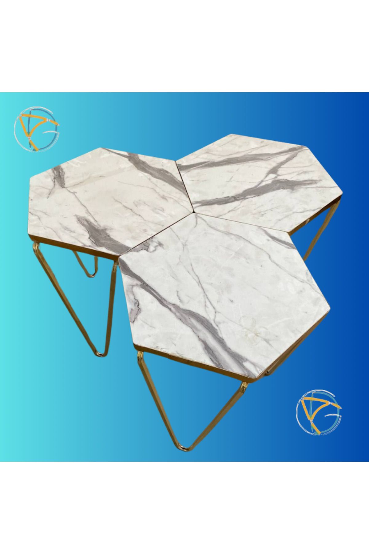 ADG METAL Artikon Altıgen Gold Metal Ayaklı Ahşap Mermer Desenli Demonte 3’lü Sehpa