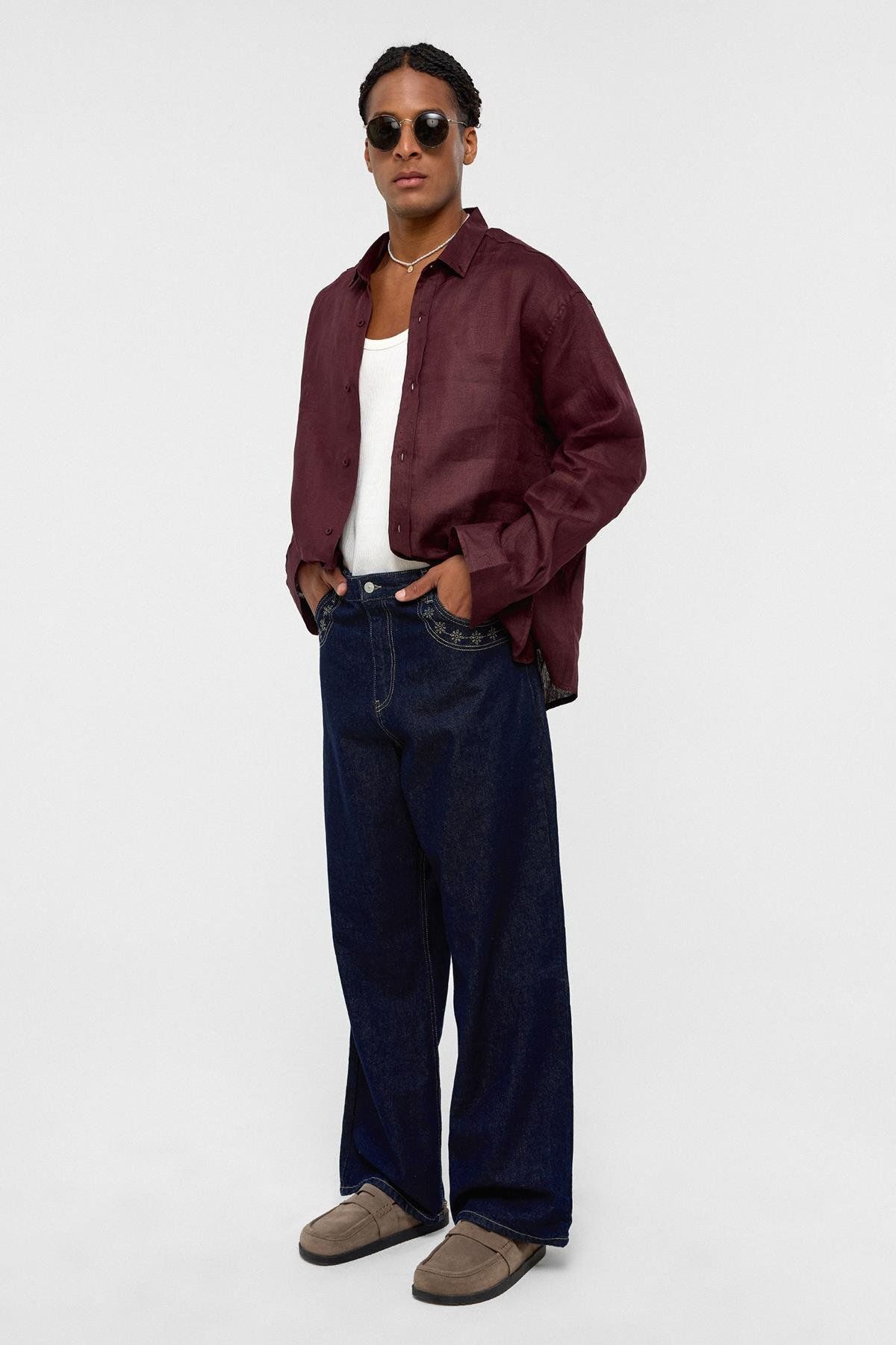 VAMOSCLO %100 Keten Oversize Uzun Kollu Gömlek Bordo