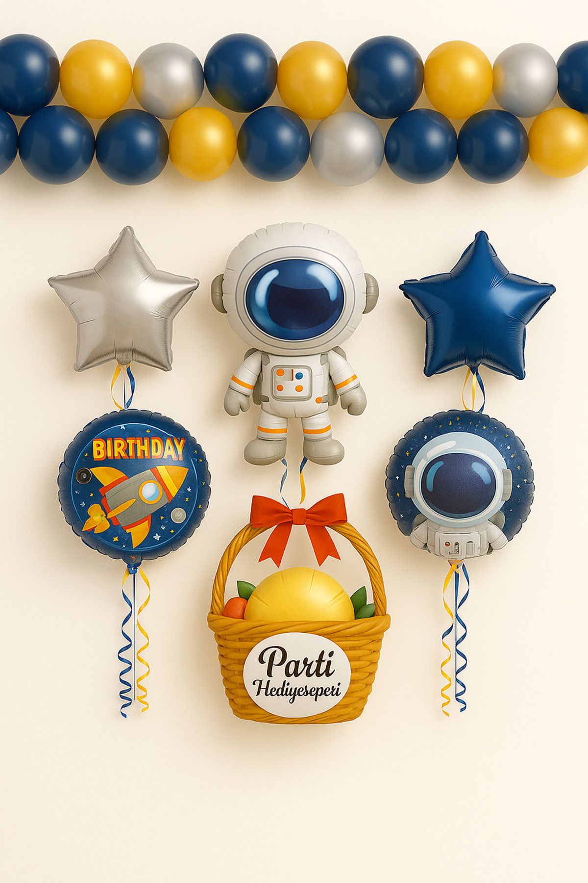 parti hediye sepeti Astronot Temalı 1 Yaş Doğum Günü Seti Navy & Sarı | 37 Parça Hazır Paket