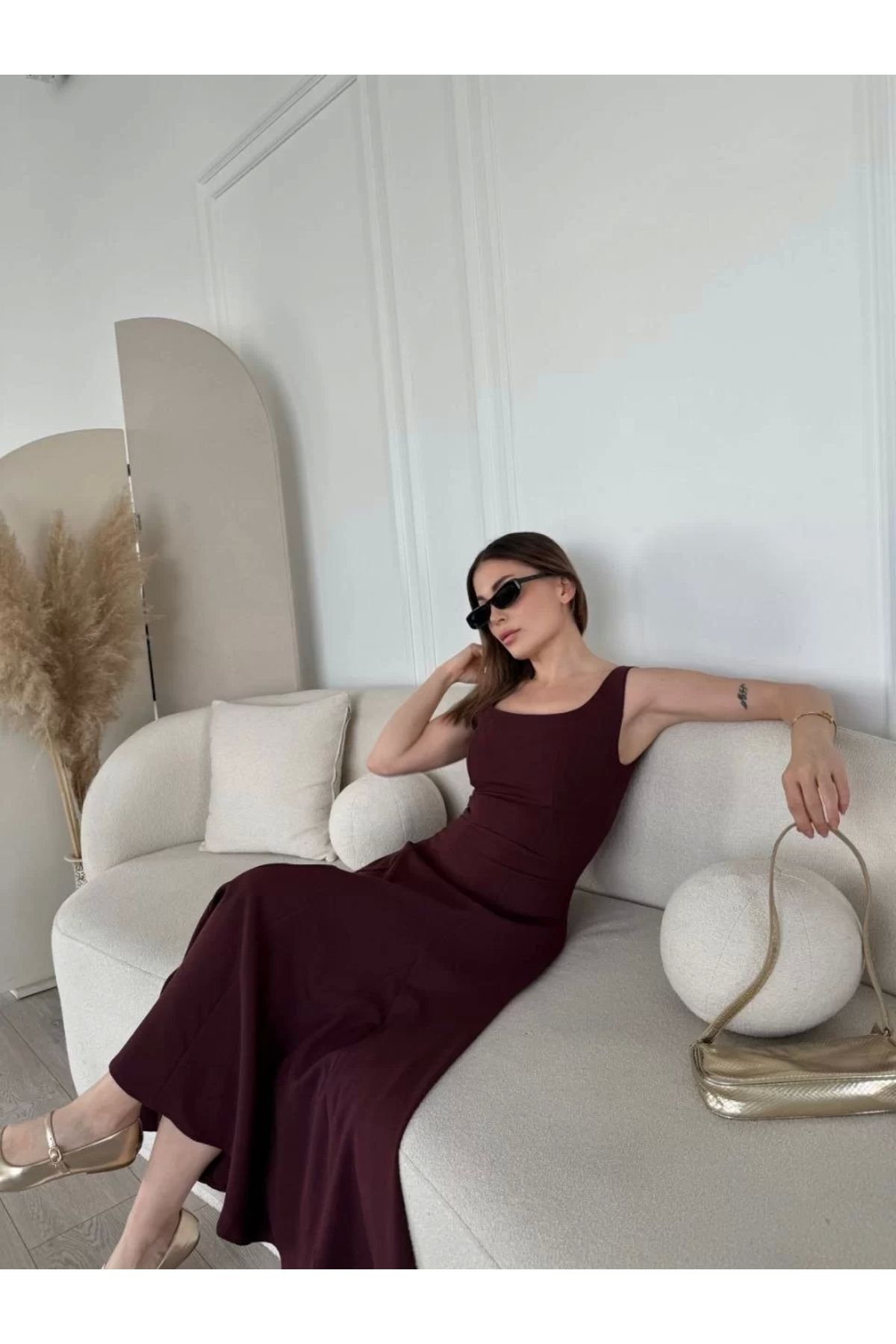 MODA CS Sırt Dekolteli Kolsuz Uzun Elbise - Mürdüm