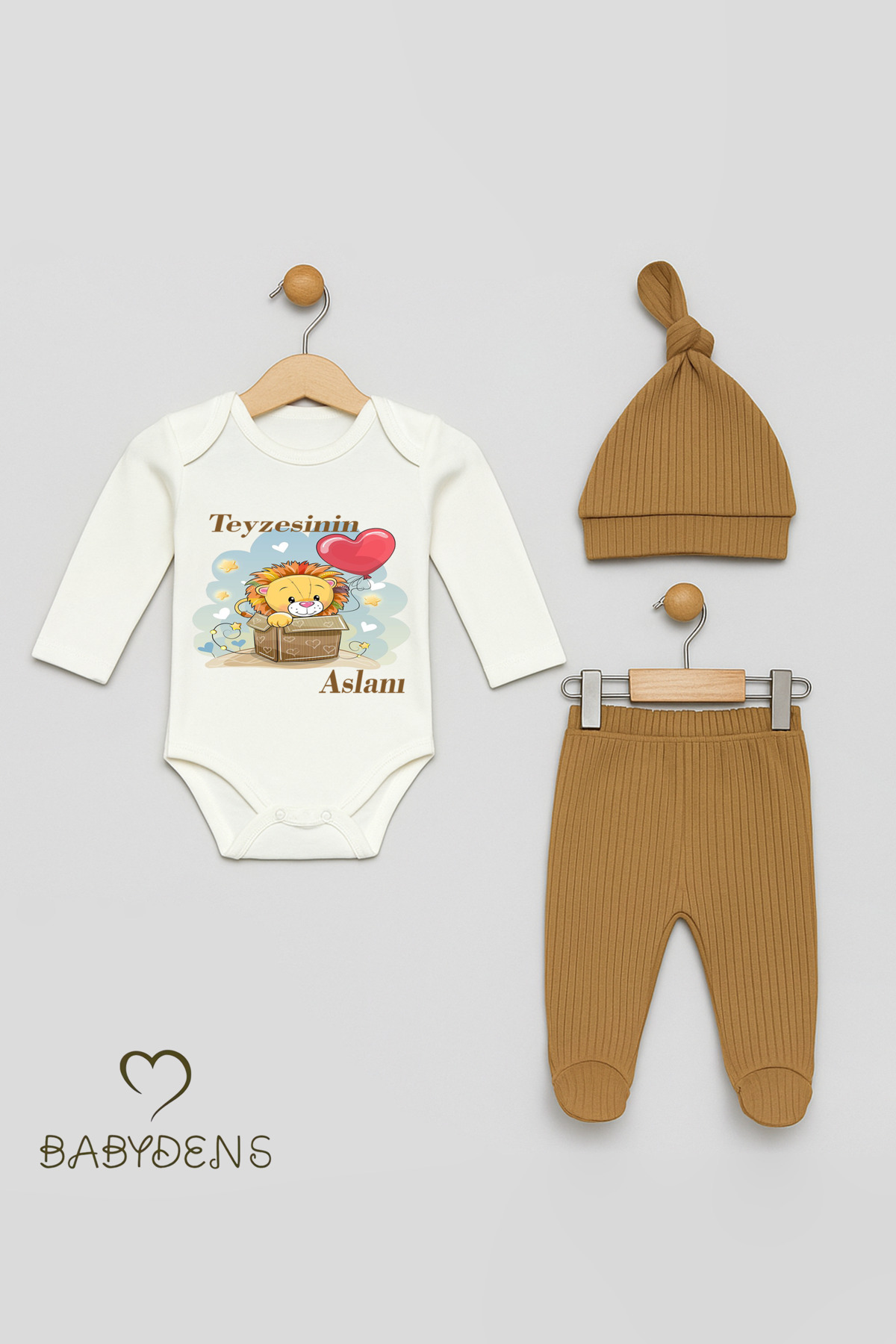 BABYDEN'S Teyzesinin Aslanı 3’lü Bebek Takımı %100 Pamuk Fitilli Kumaş Uzun Kollu Zıbın, Patikli Alt, Bere Set fotoğrafı 6 (önizleme)