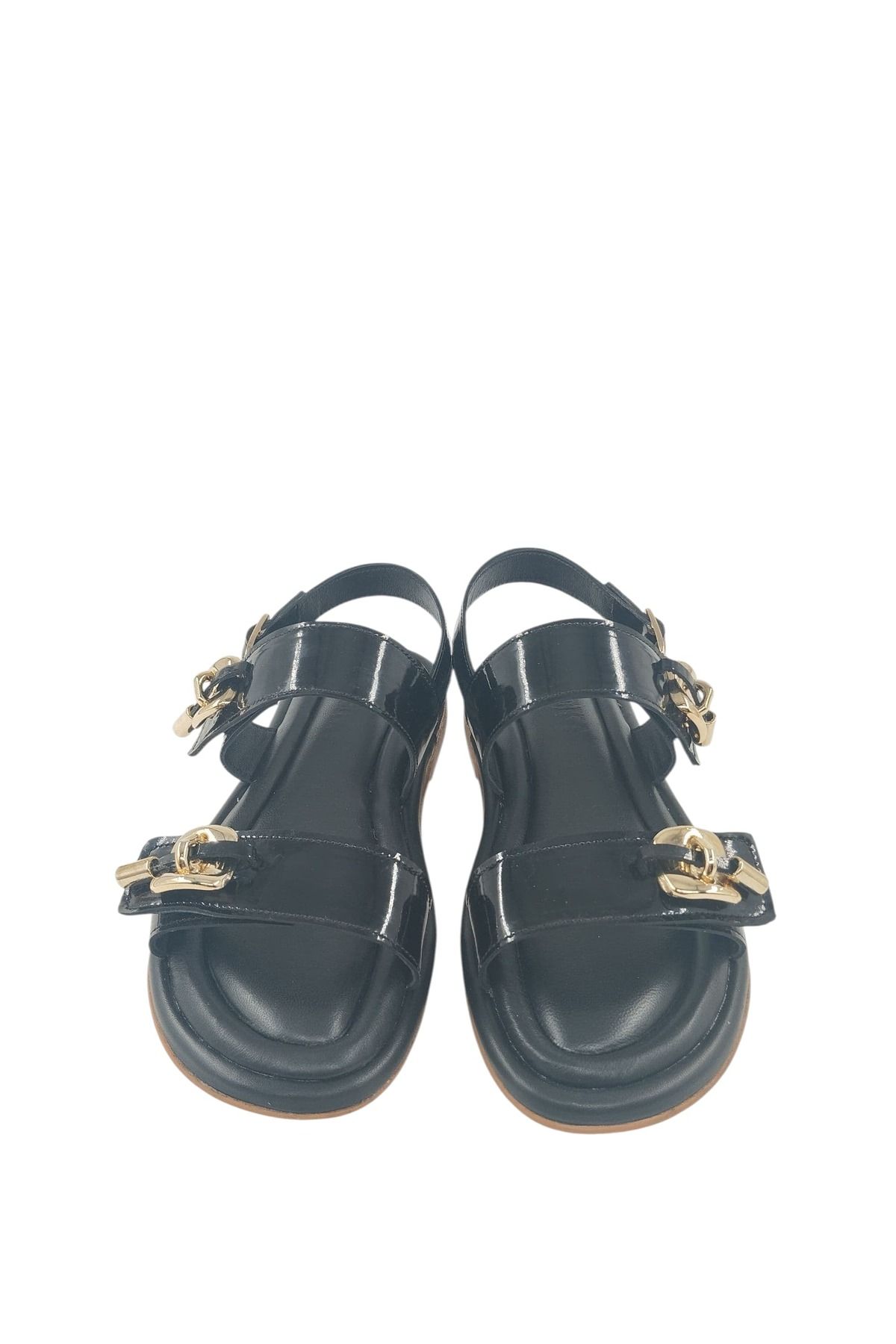 Oneka Shoes 971925YST9632 Kadın Günlük Sandalet Neolit Siyah rugan altın tokalı