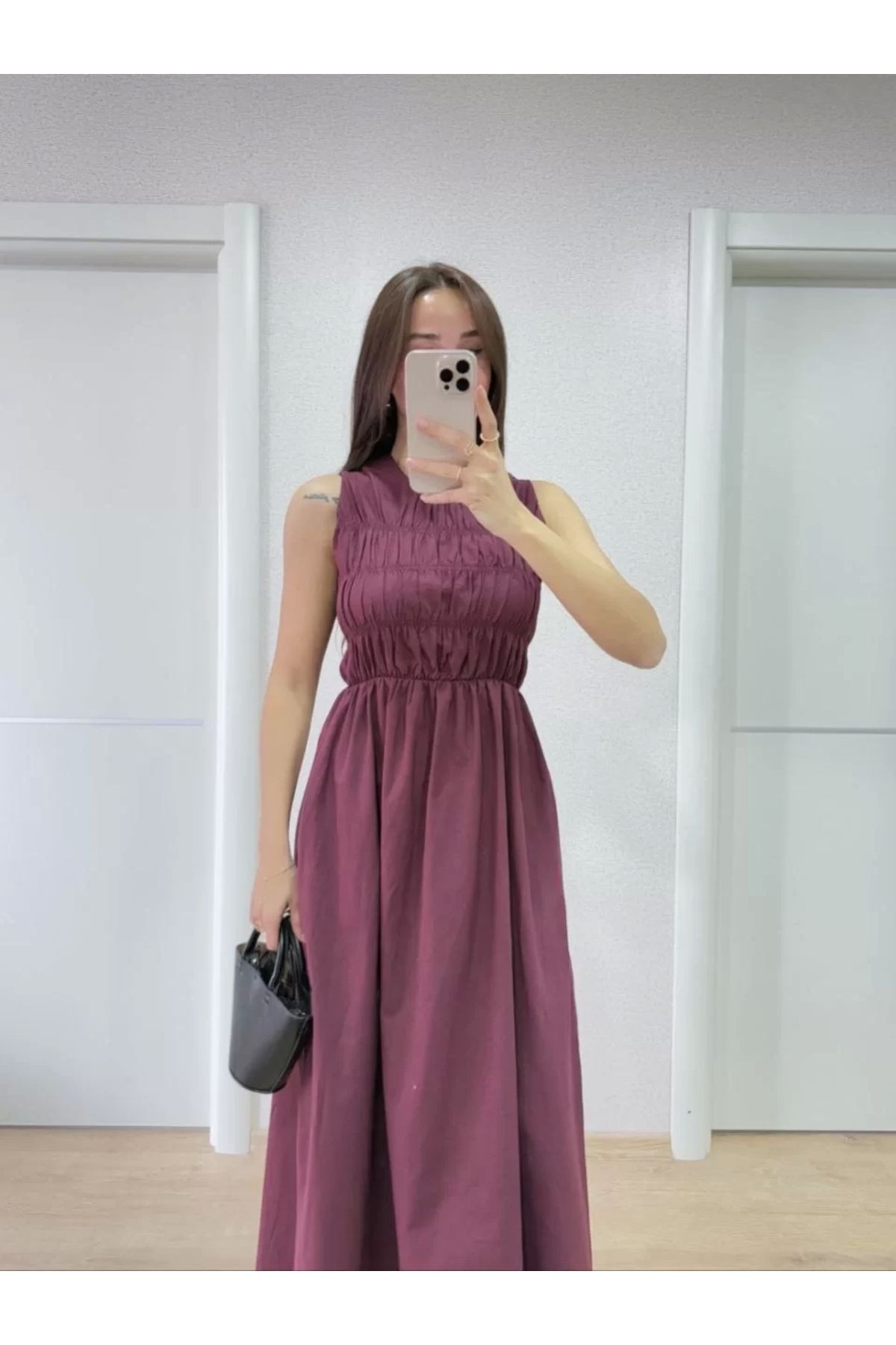 MODA CS Kolsuz Göğüs Lastıklı %100 Poplin Uzun Elbise - Bordo
