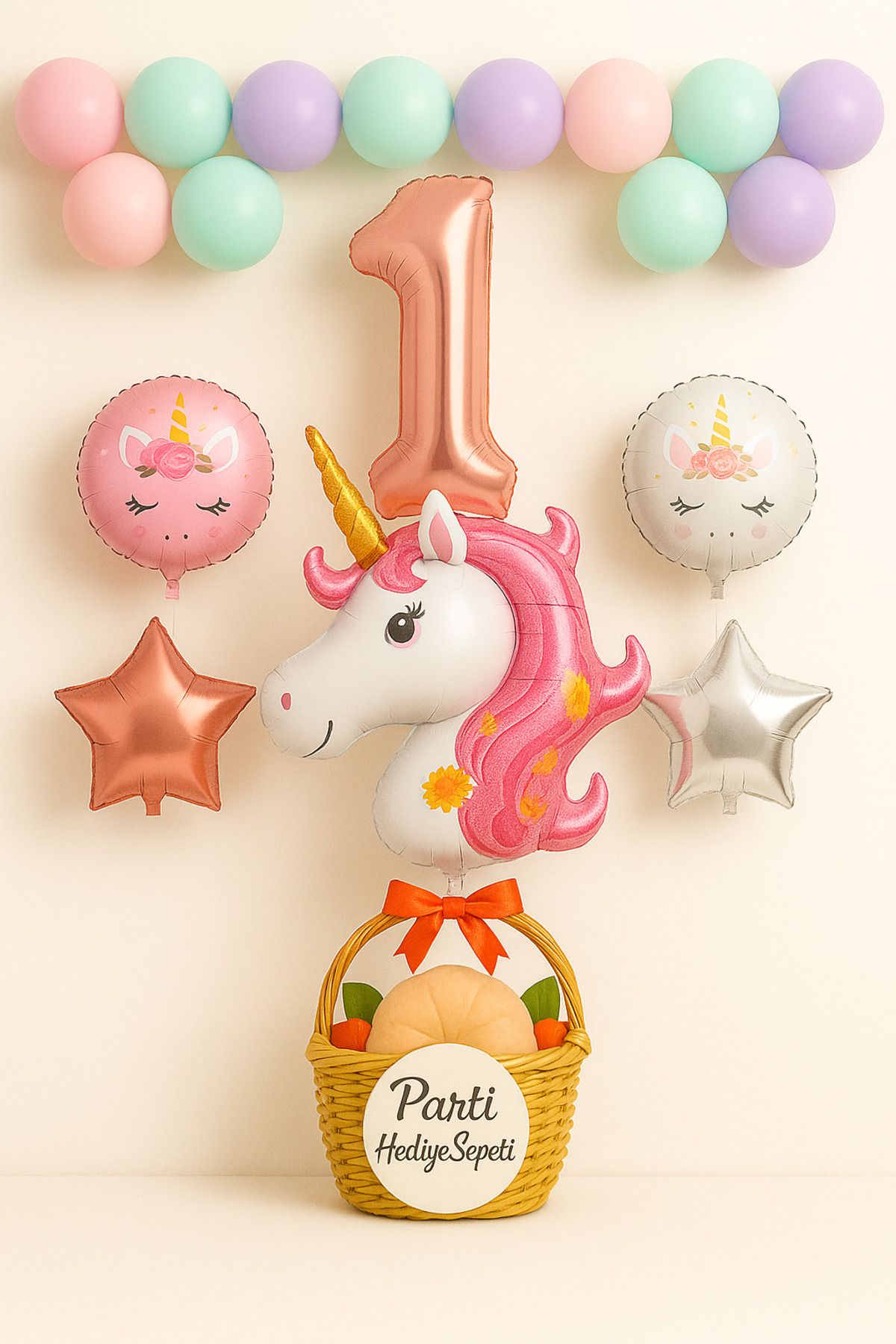 parti hediye sepeti Unicorn Başlı Folyo & Pastel Balon Seti 1 Yaş | 17 Parça Hazır Paket