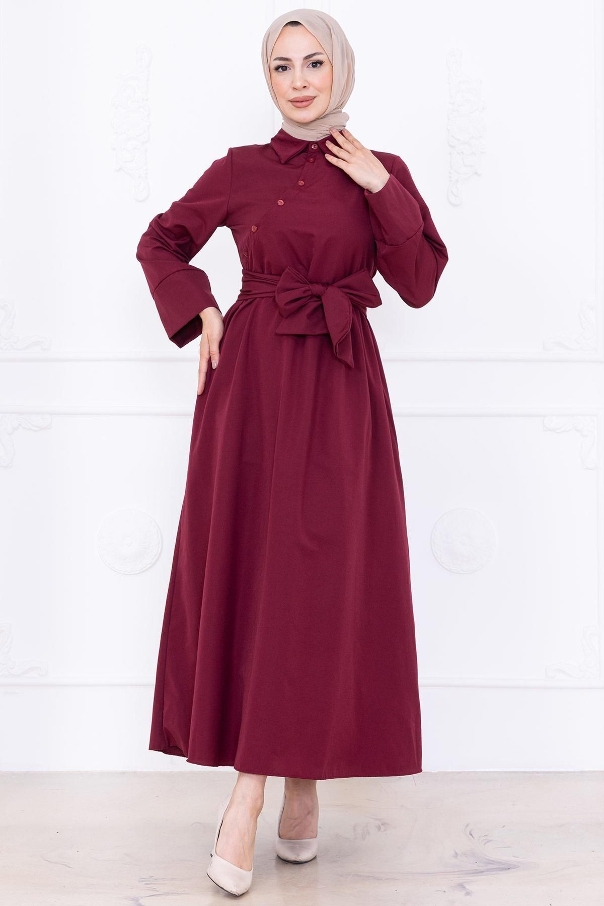 hafsamina Önden Çapraz Düğmeli Kuşaklı Elbise Bordo HM2755