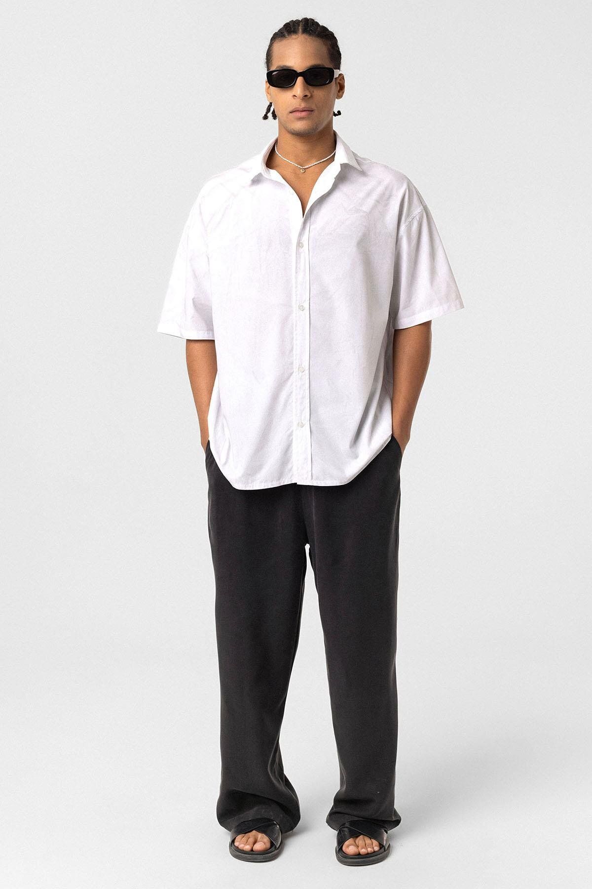 VAMOSCLO Oversize Yıkamalı Poplin Gömlek Ekru