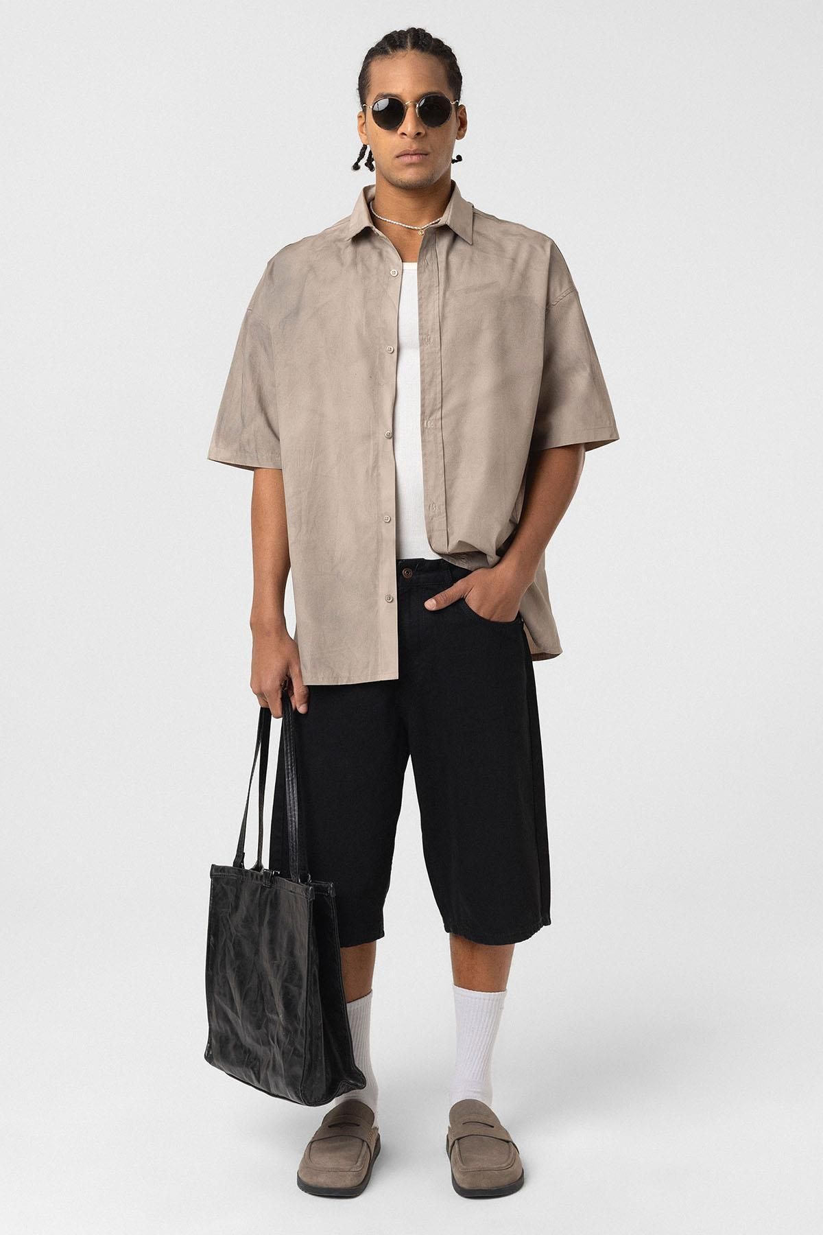 VAMOSCLO Oversize Yıkamalı Poplin Gömlek Taş
