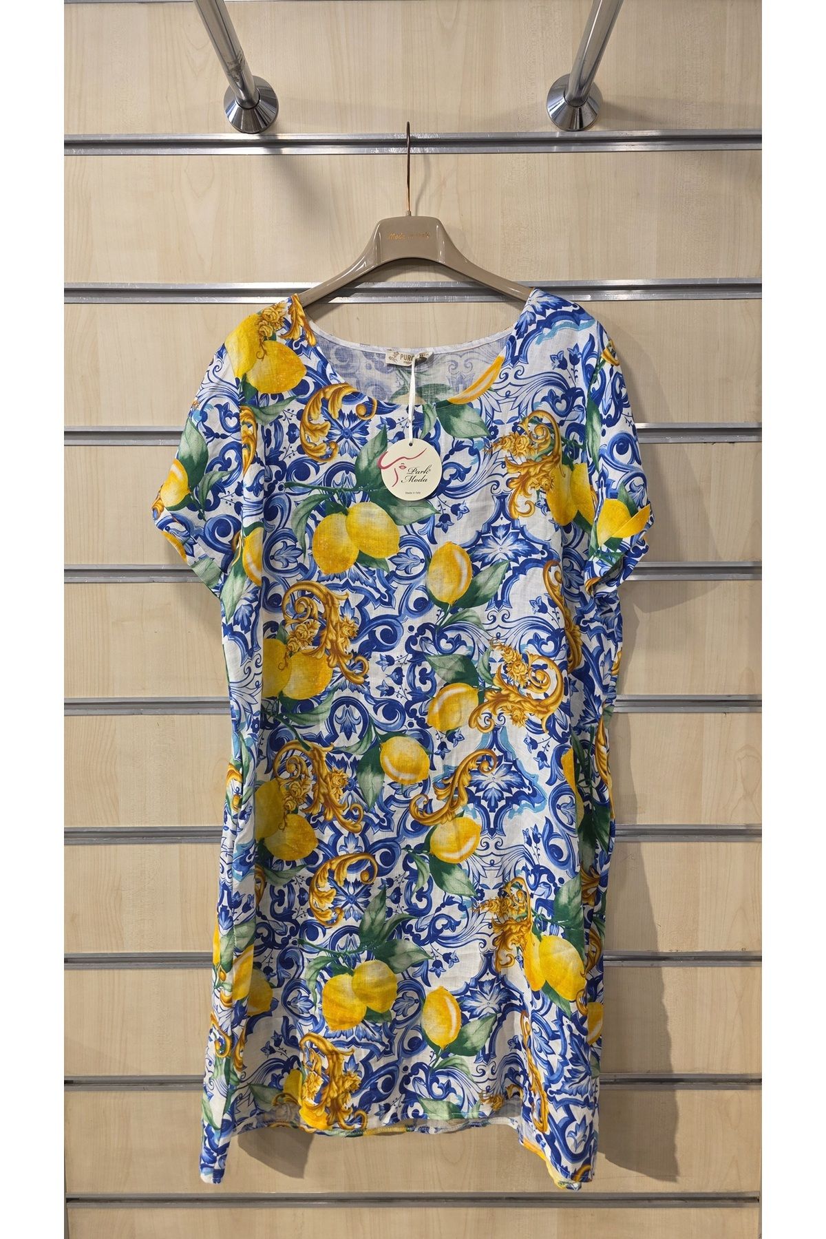 Park Moda İtalyan Keten Elbise Limon Desen