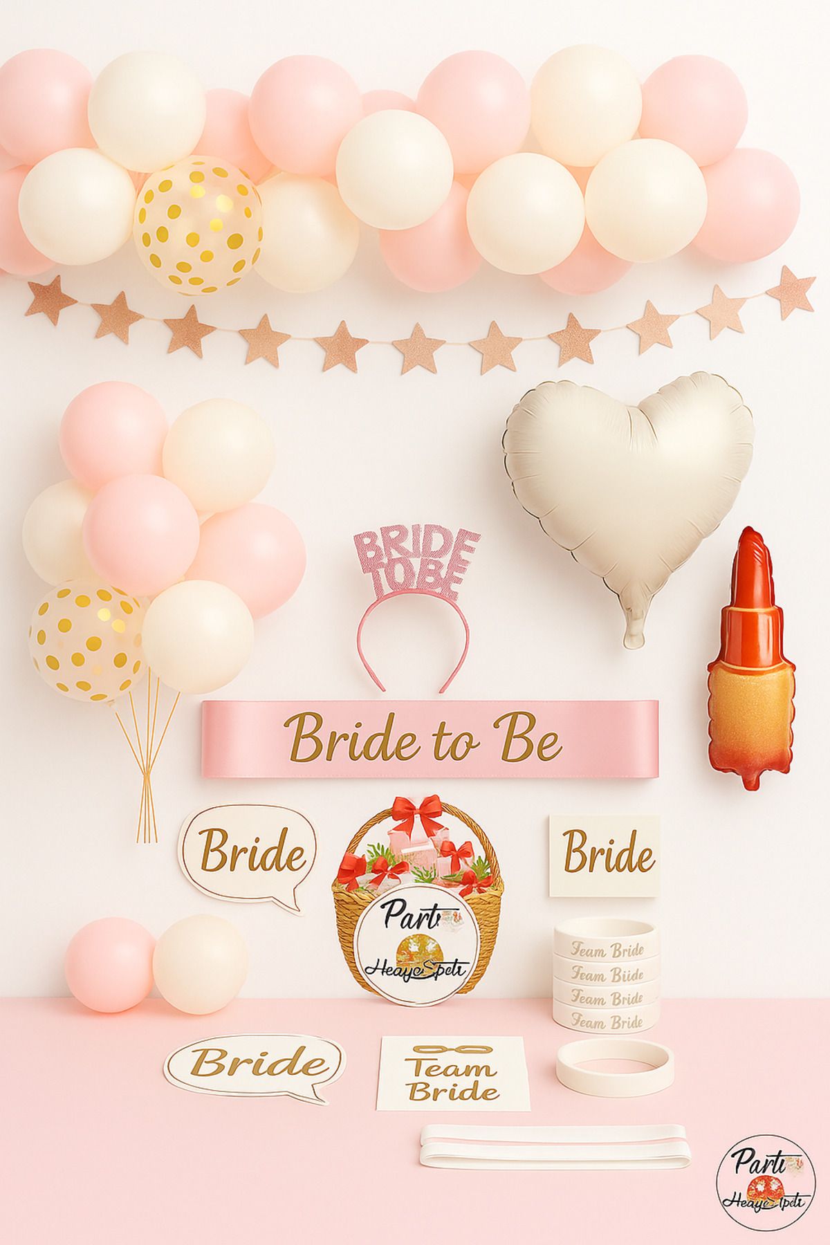 parti hediye sepeti Bride to Be Bekarlığa Veda Seti Pembe & Beyaz | 36 Parça Hazır Paket