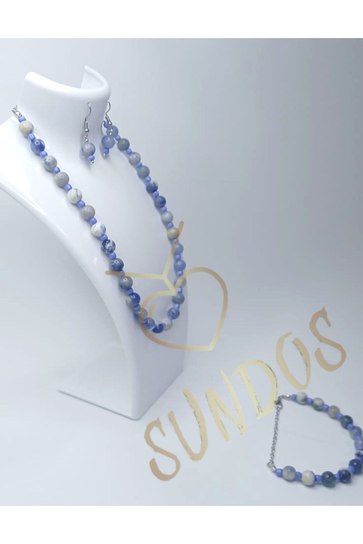sundos Doğal taşlı kolye takımı (küpe, bileklik, kolye) mavi