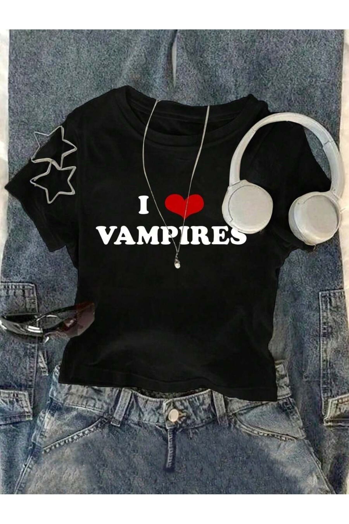 OVER HEAD Kadın Y2K I Love Vampıres Baskılı Bayb Tee Crop