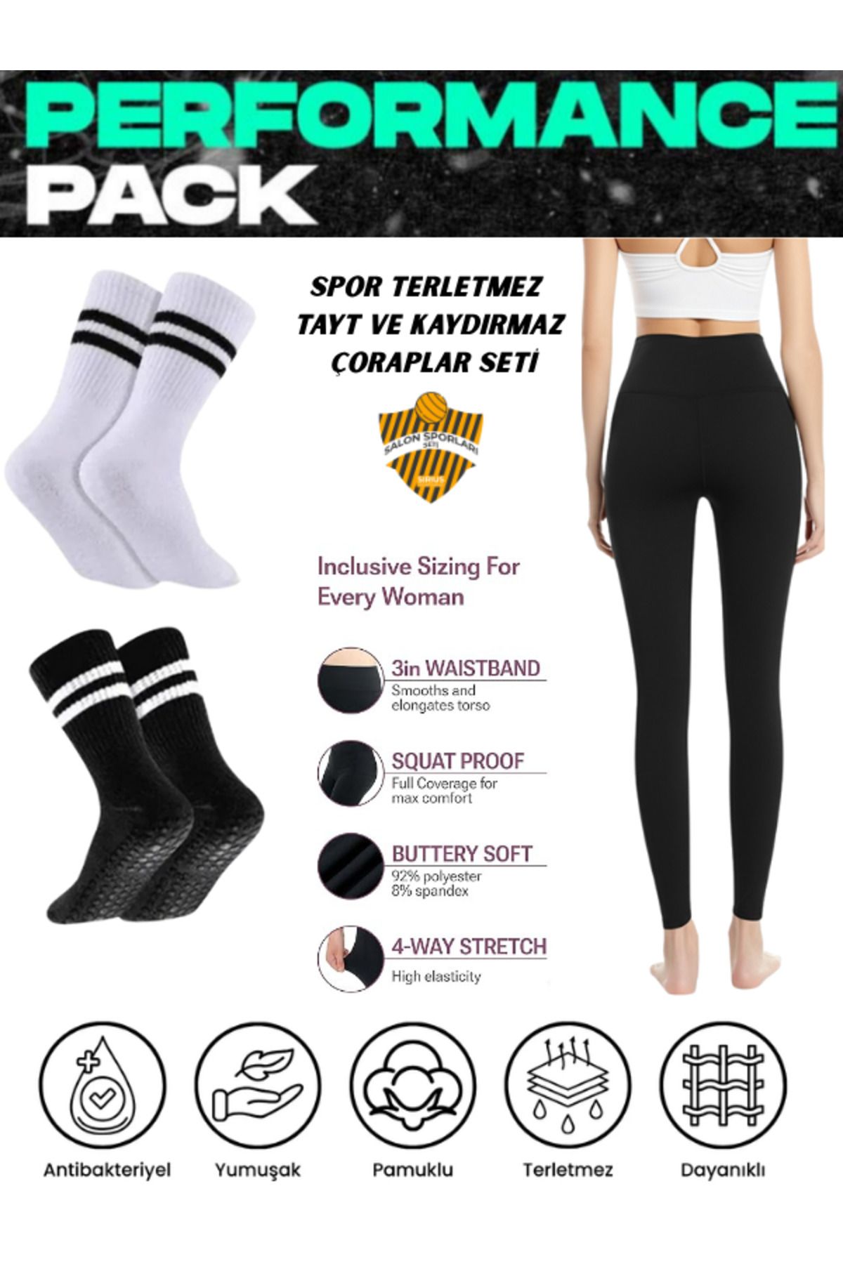 Bellanora Kadın Yüksek Bel Spor Tayt Toparlayıcı Sıkılaştırıcı Seamless Tayt ve Kaydırmaz Çorap Seti