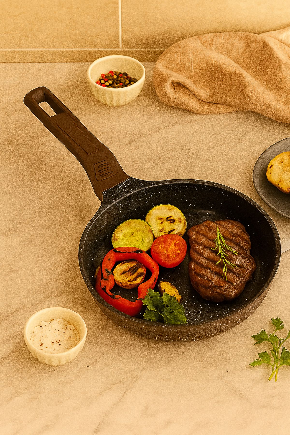 Evim Şahane Premium Granit Döküm Tava - Yapışmaz Parlak Yüzey, Ergonomik Saplı, 24 cm
