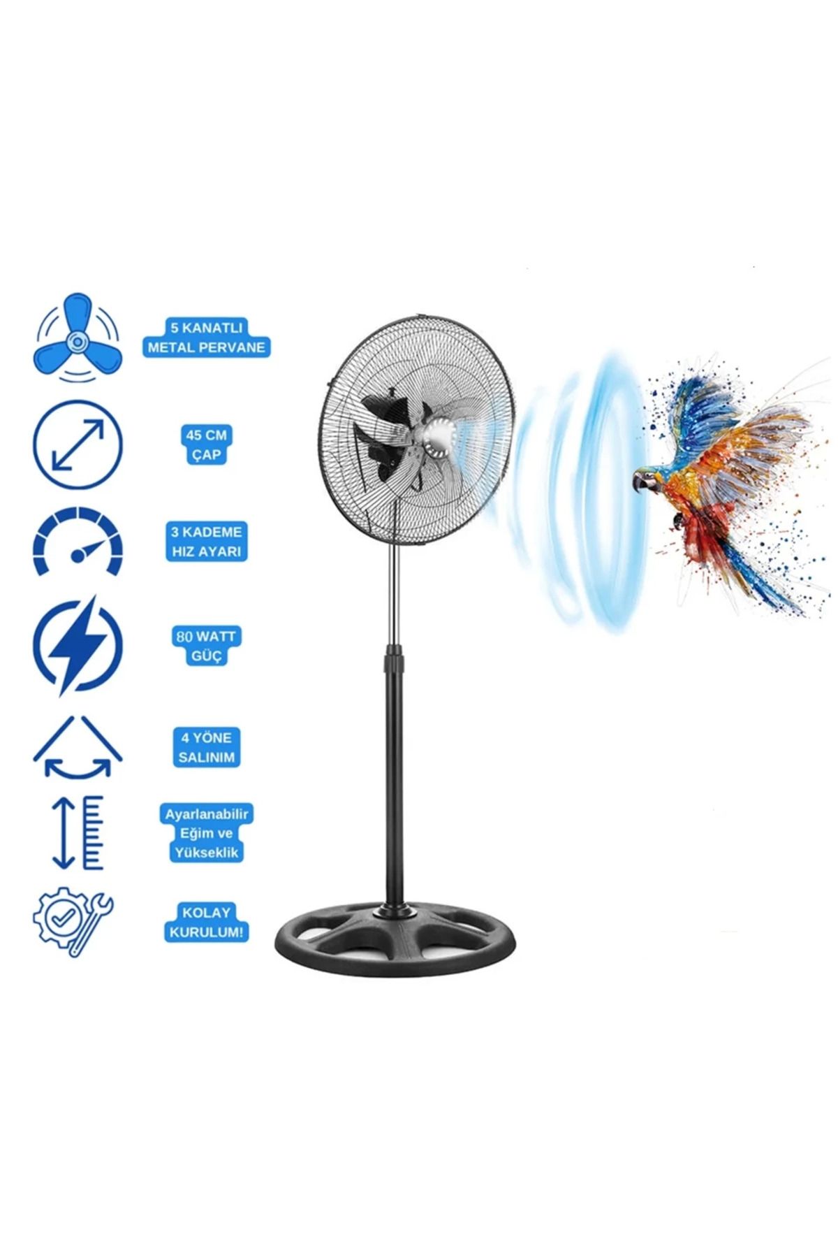 YNT İthalat 5 Metal Kanatlı Soğutucu Vantilatör Pervane 3 Kademe Hız Kontrol 18 inch - 80w