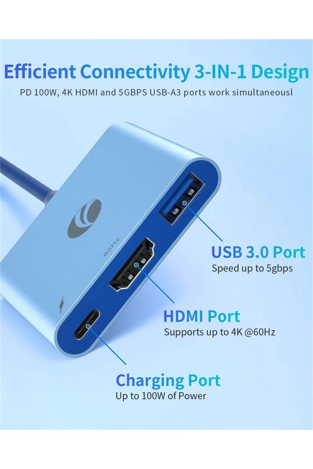 VCOM CUE15 Mavi Type-C To Hdmi(4K@60Hz)+Usb3.0+Pd 3.0 100W Çoklayıcı