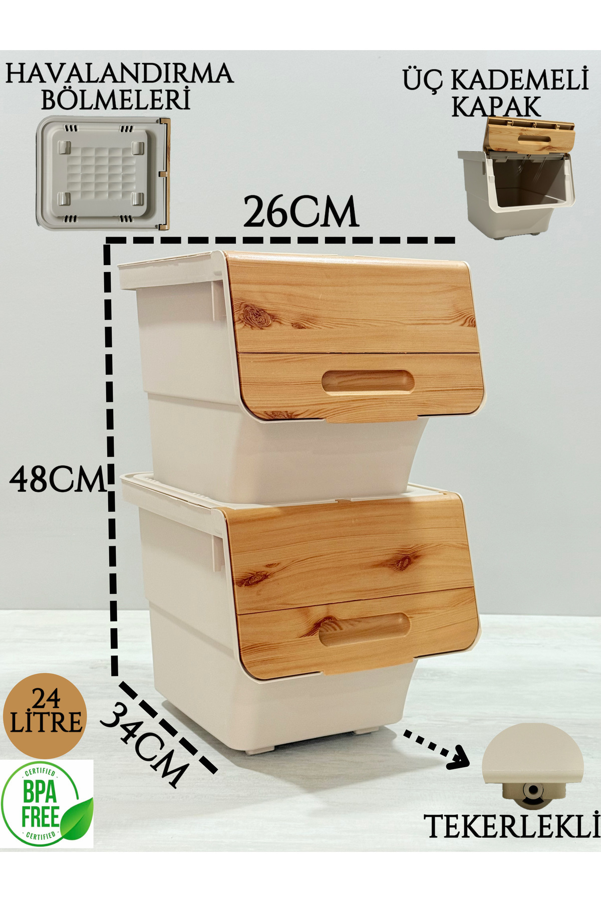 Mulina Home 2'li Bambu Desenli Patateslik Soğanlık & Çok Amaçlı Sepet 24lt
