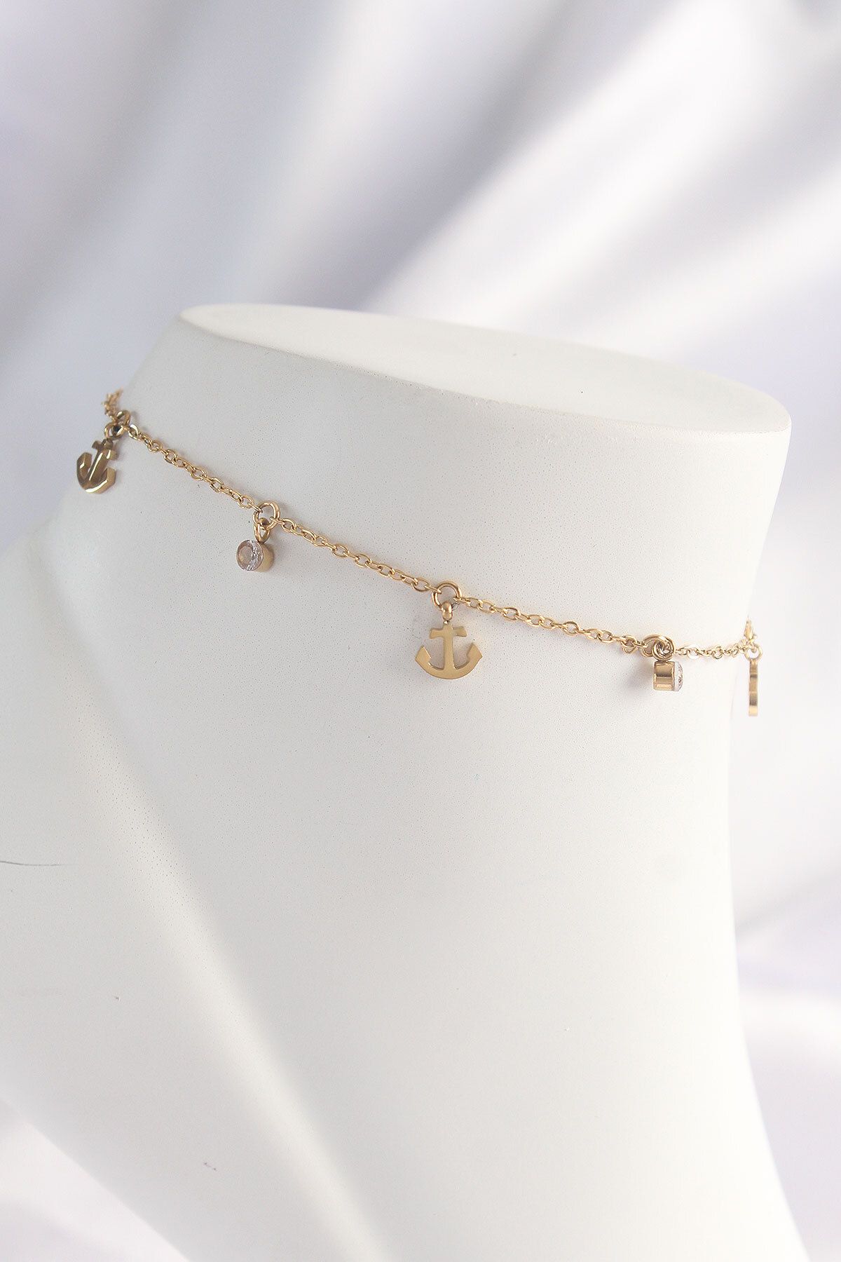 sivora 316L Çelik Gold Renk Zirkon Taşlı Minimal Çapa Tasarımlı Halhal
