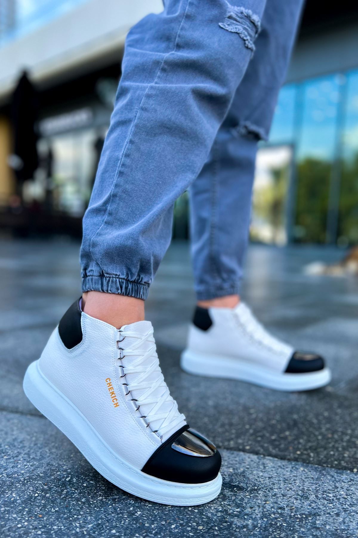 devrialemshoes CH267 GBT Roma Mirror Erkek Bot BEYAZ/SIYAH