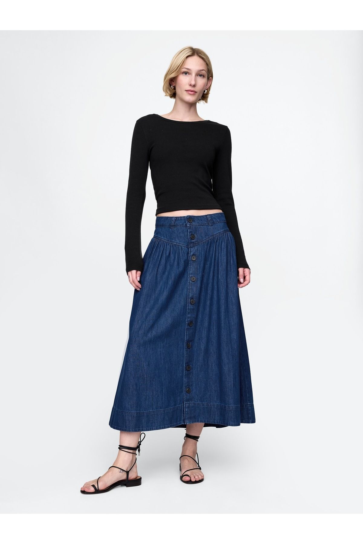 GAP Kadın Lacivert Denim Western Yoke Midi Etek