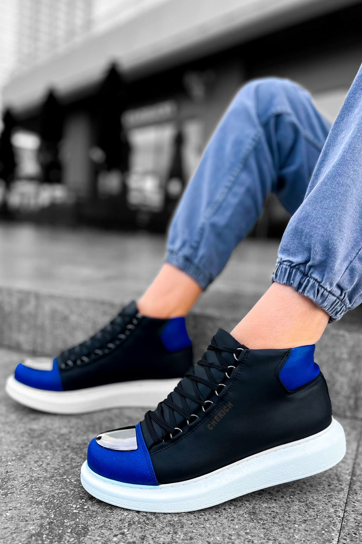 devrialemshoes CH267 GBT Roma Mirror Erkek Bot SIYAH/SAX MAVI