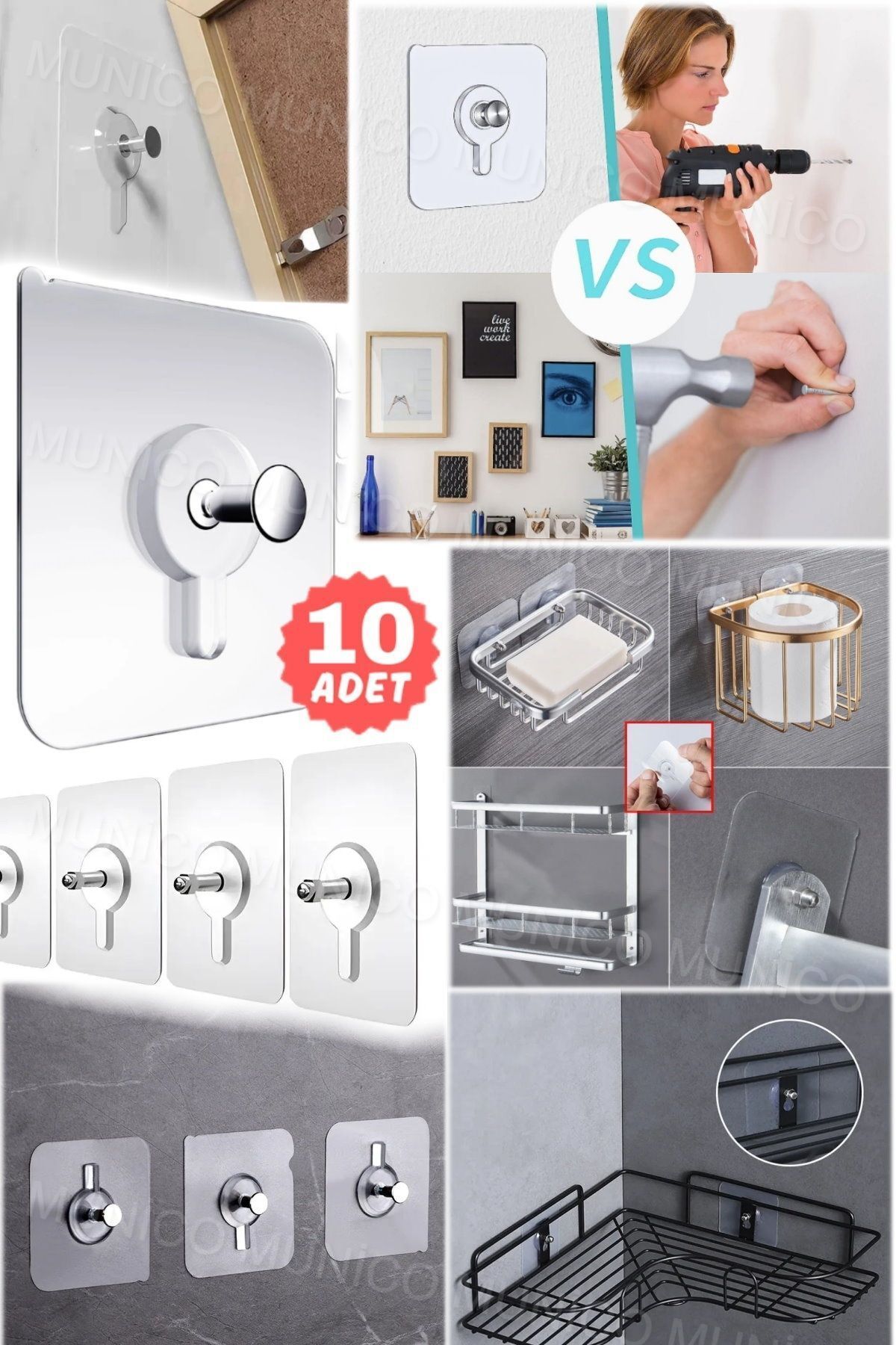 Mikasso 10 Adet Hiçbir Delik Gerektirmeyen Yapışkanlı Vida Kancaları - Banyo, Mutfak, Oturma Odası Çivi