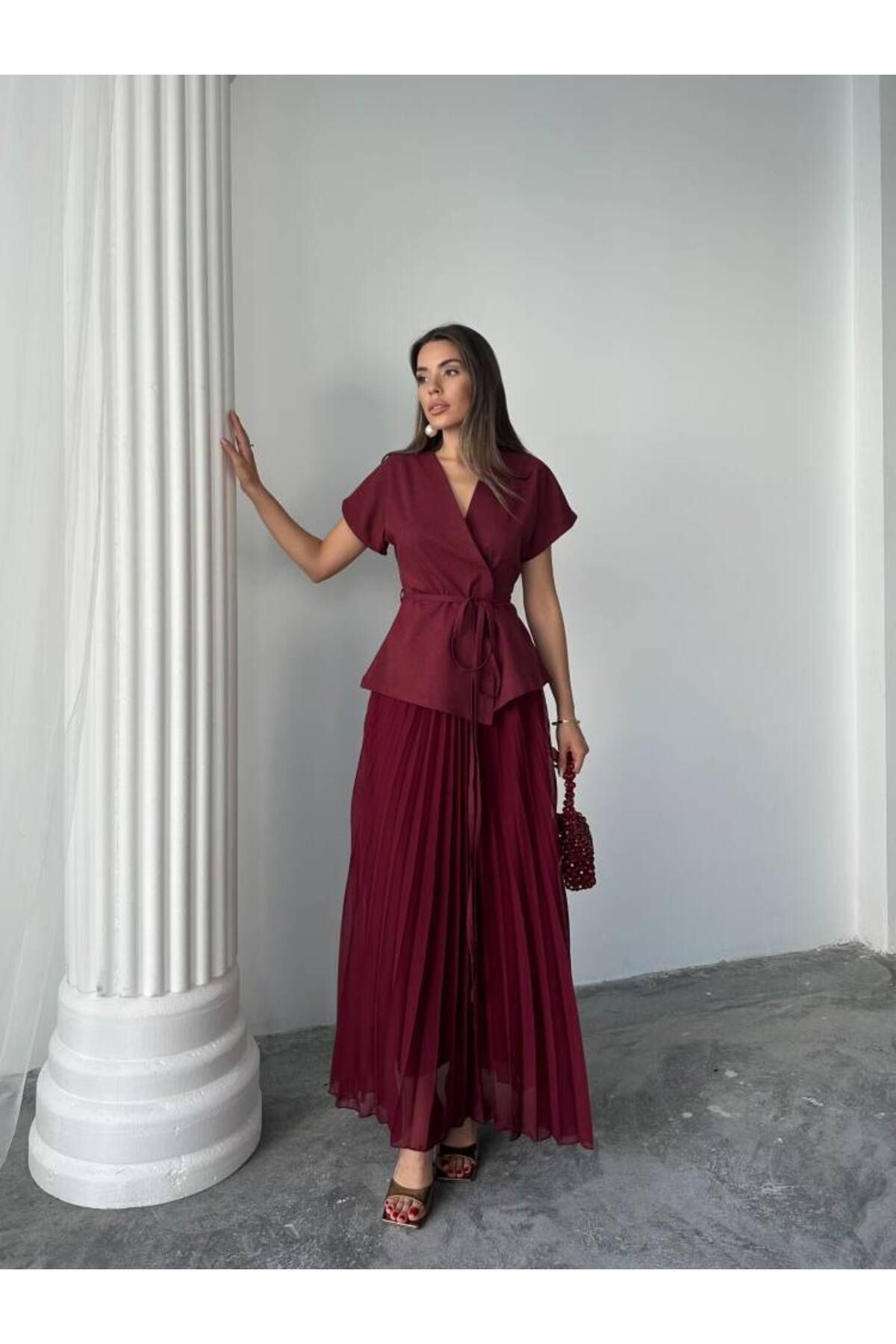 MAXMOOR JESERA PİLELİ MAXİ ETEK KUŞAKLI CEKET BORDO TAKIM