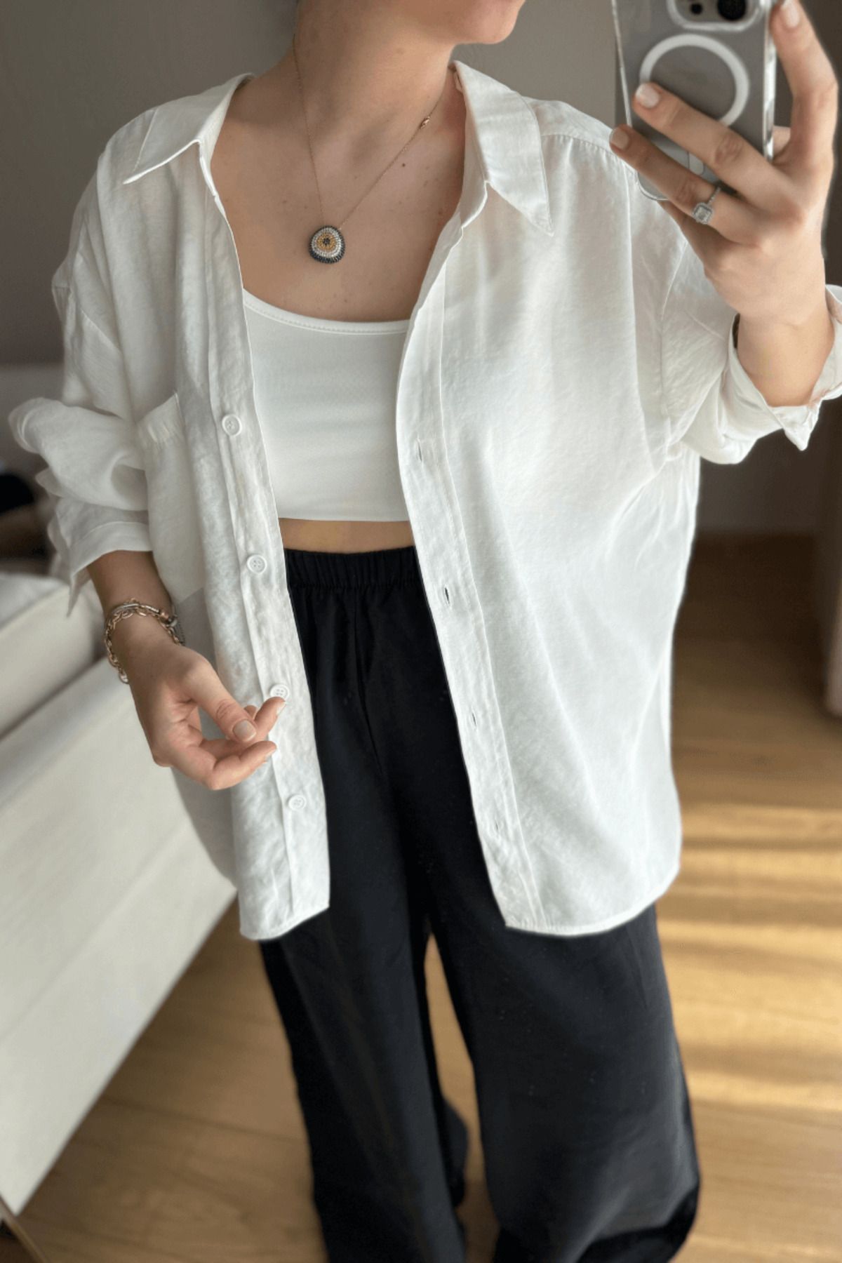 SEHOCO BUTİK Beyaz Düşük Omuzlu Oversize Gömlek