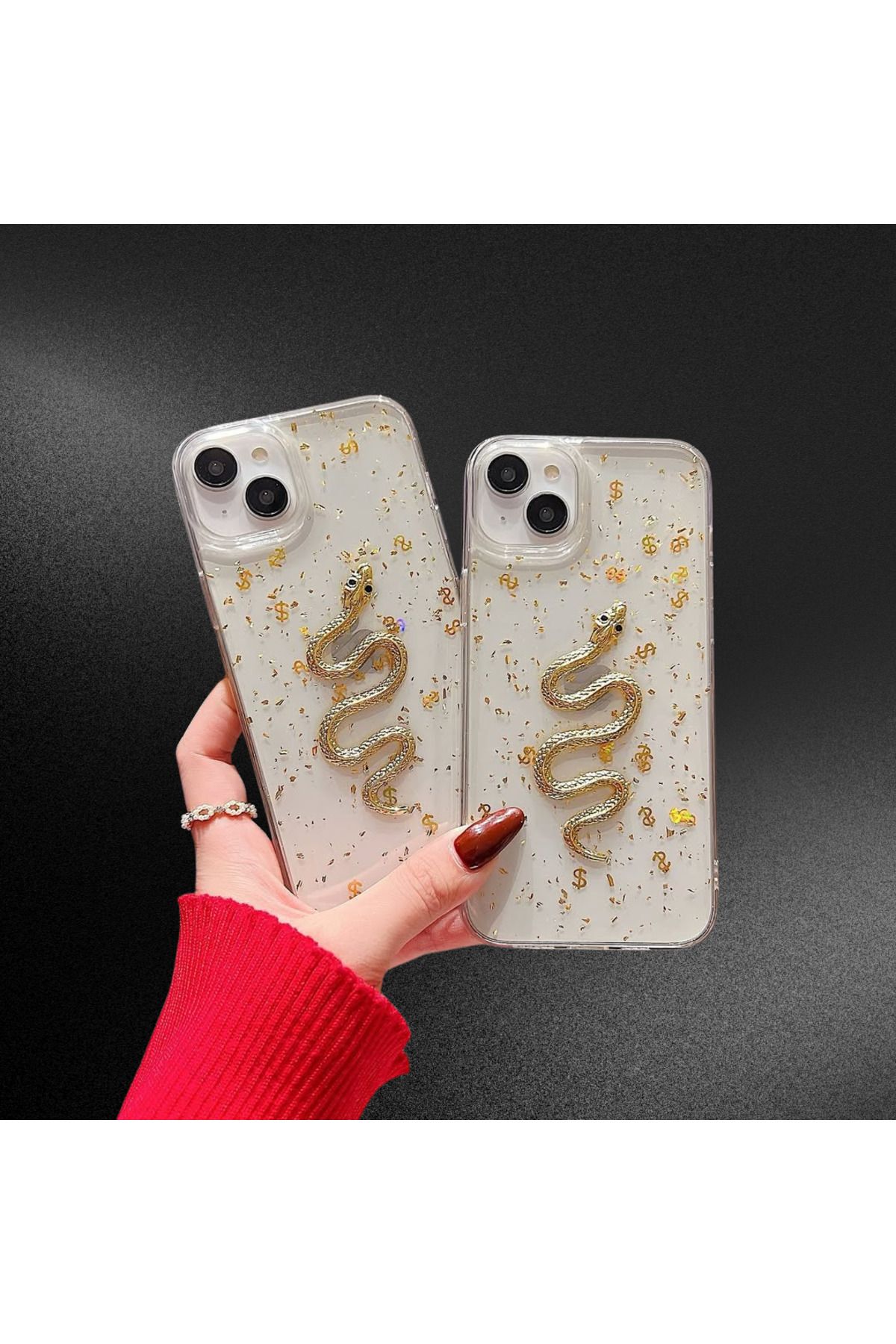 EgoTech iPhone 13/14 Uyumlu Şeffaf Yılan Figürlü Kılıf – Altın Detaylı Şık Tasarım