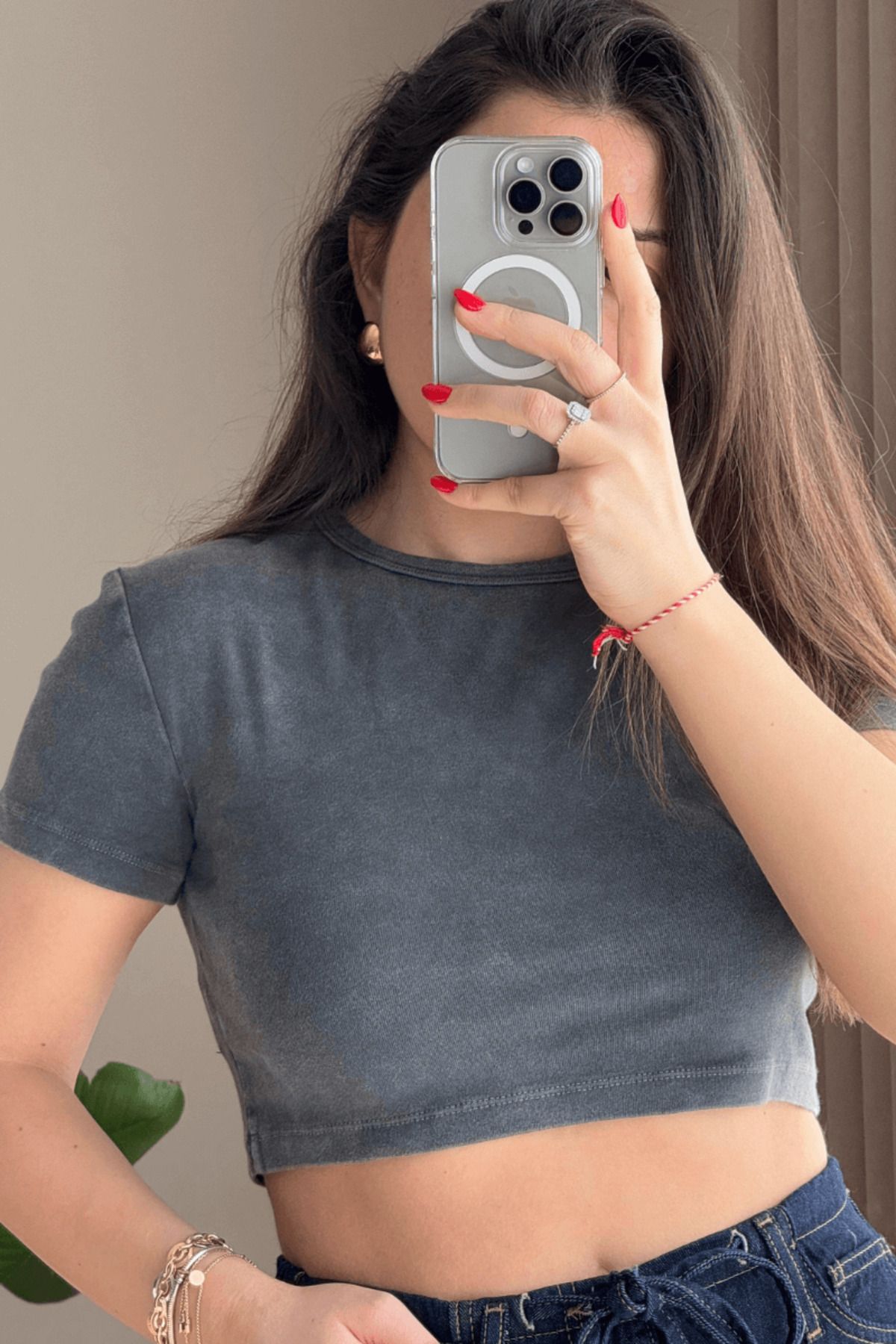 SEHOCO BUTİK Antrasit Crop Tişört