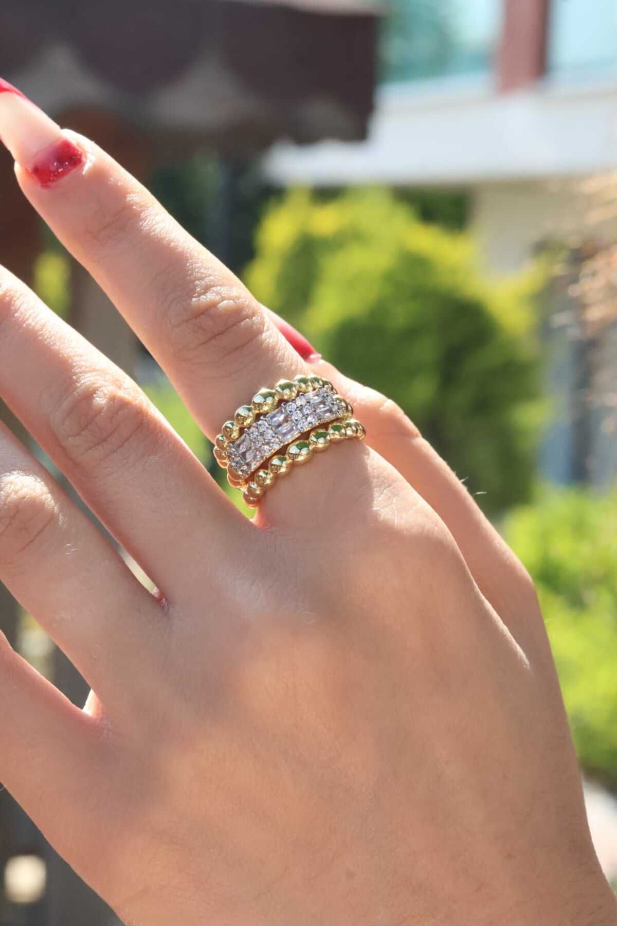 DOLCE QUEEN Kadın Çelik Ayarlanabilir 3'lü Halka Elegance Gold Taşlı Çoklu Yüzük