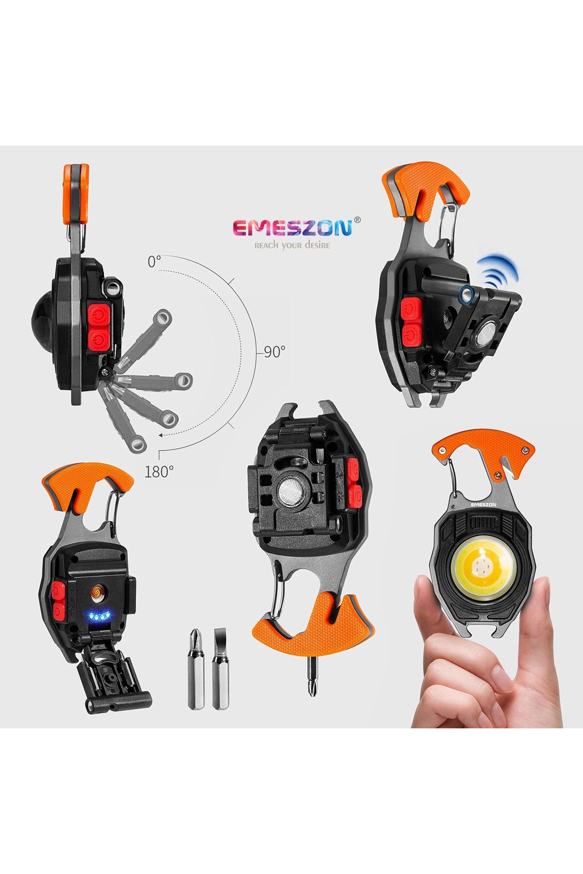 EMESZON-Lanternă COB LED 40W, tip gadget EMESZON® CRW5147, 6 moduri de iluminare, kit de supraviețuire tip breloc, portocaliu 7