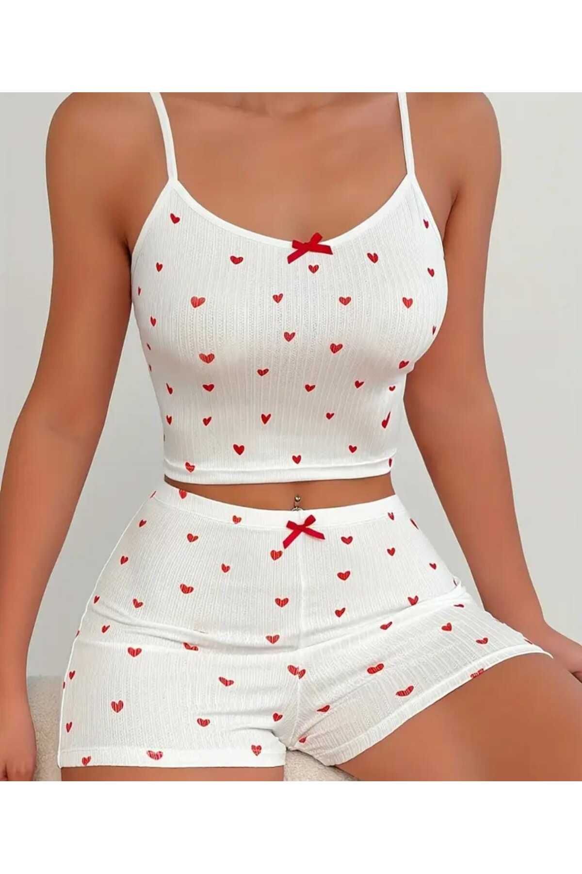 Pupa Kadın Kalp Desenli Şortlu Pijama Takımı Kaşkorse Fitilli