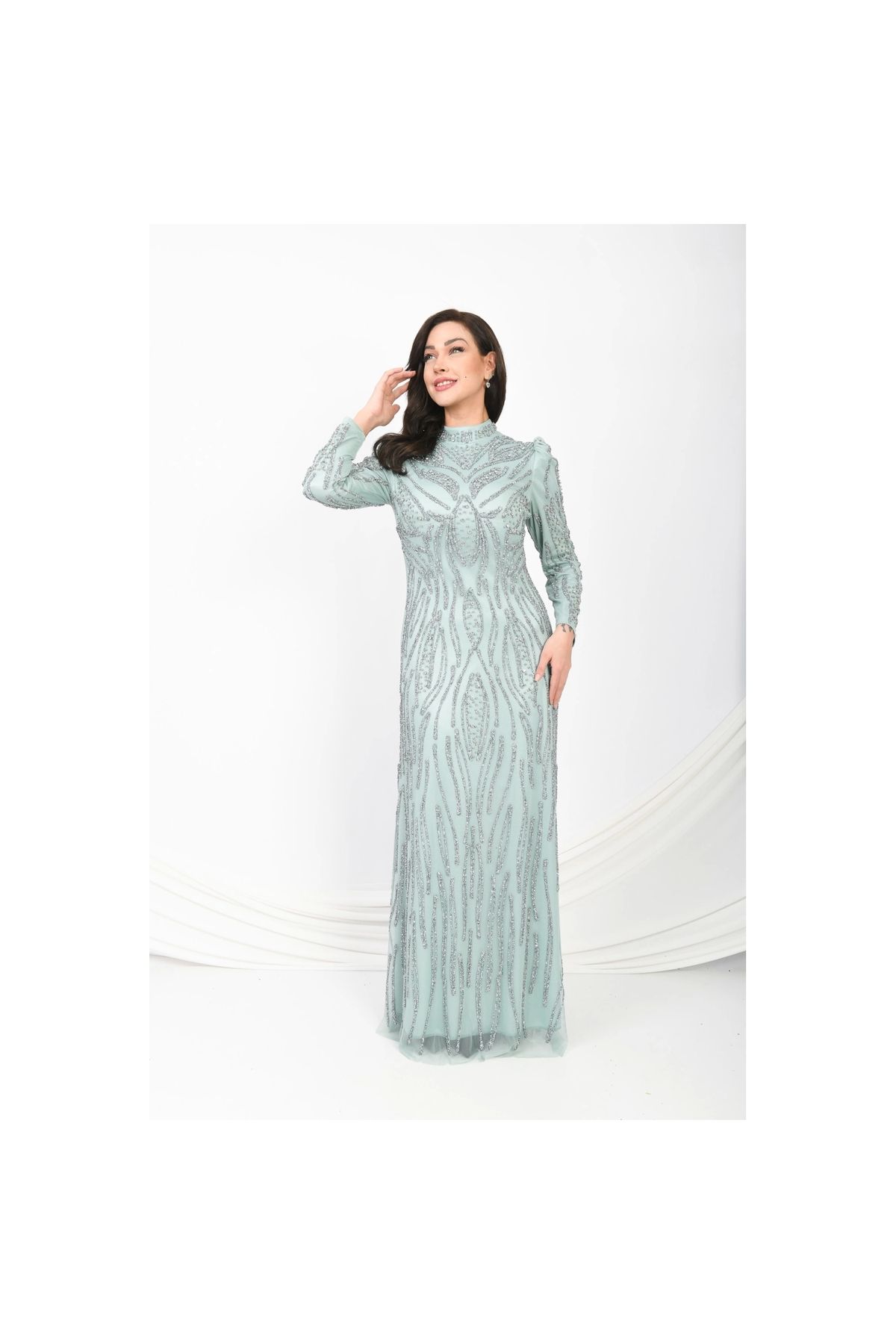 Moda Sezaver Tesettür Abiye | Nikah Elbisesi | Seraphina Tül Abiye - Mint