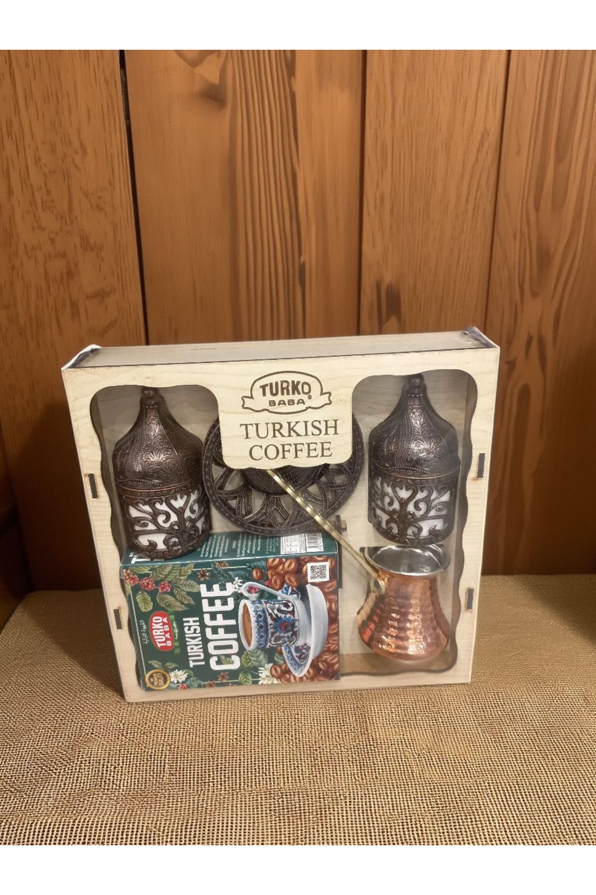 E orient Turko Baba Ahşap Kutulu, Iki Fincanlı, Tek Kişilik Cezveli, Türk Kahvesi Seti Yeni Porselen Bardaklı